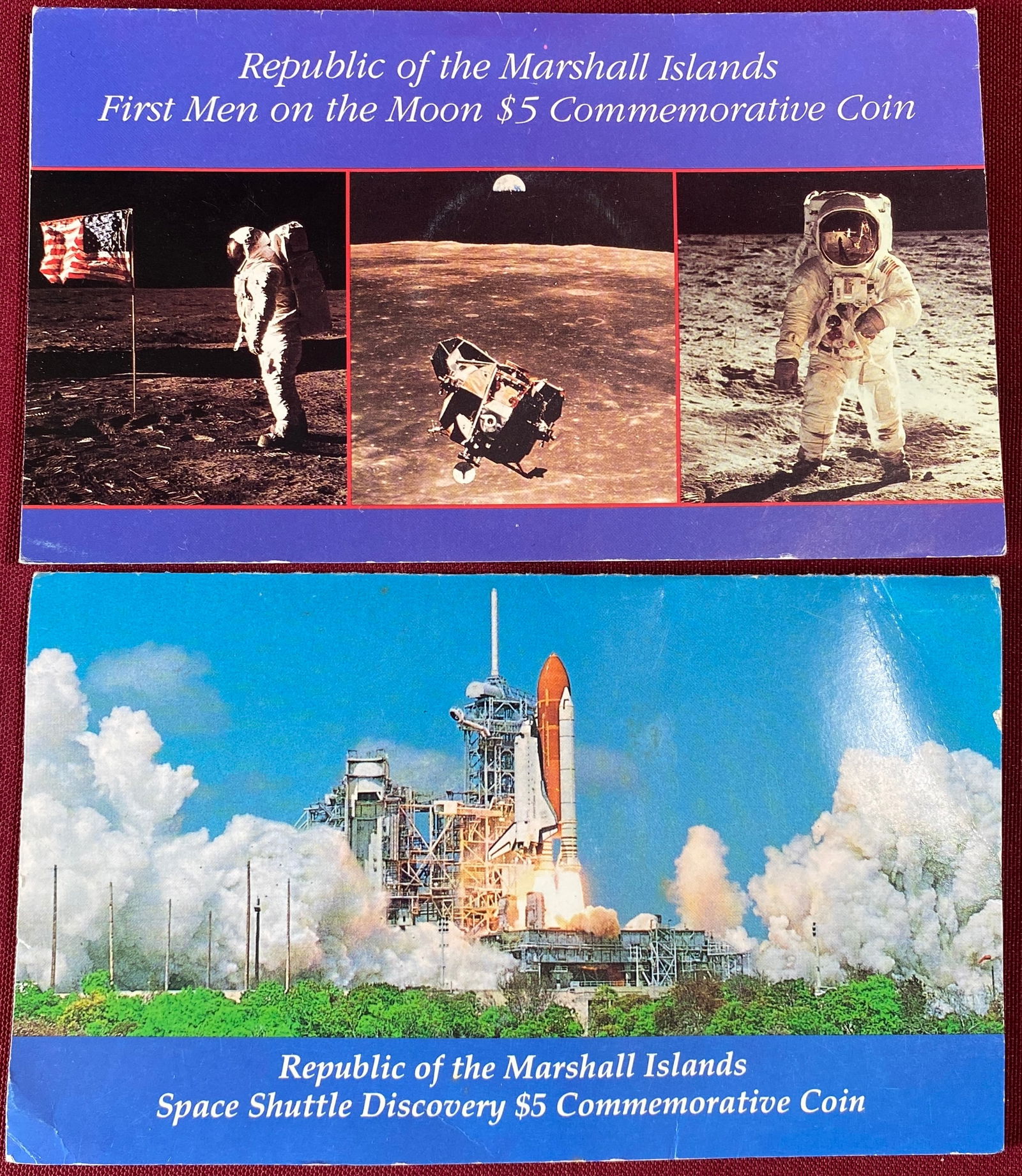 Two Republic of the Marshall Islands $5 Commemorative Coins - First Men on the Moon & Space Shuttle: Two Republic of the Marshall Islands $5 Commemorative Coins - First Men on the Moon & Space Shuttle Discovery