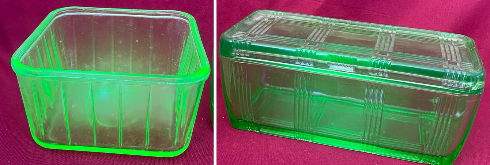 Two Vintage Hazel Atlas Uranium Glass Dishes - One with Lid - Criss Cross and Other Pattern (1 of 6)