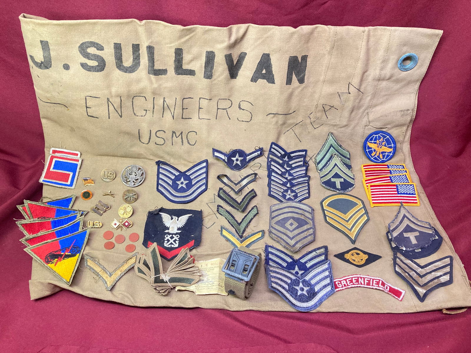 Military WWII Embarkment Bag - Patches, Pins, Food Ration, Tokens, Belt: Military WWII Embarkment Bag - Patches, Pins, Food Ration, Tokens, Belt