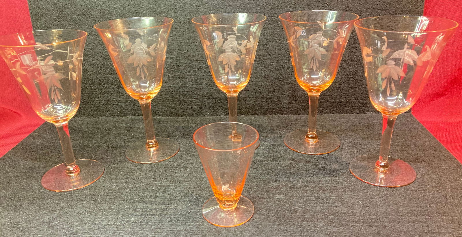 Five Etched Pattern Pink Depression Glass - Stemmed Wine Glasses and One Shot Glass - Absolutely No: Five Etched Pattern Pink Depression Glass - Stemmed Wine Glasses and One Shot Glass - Absolutely No Shipping