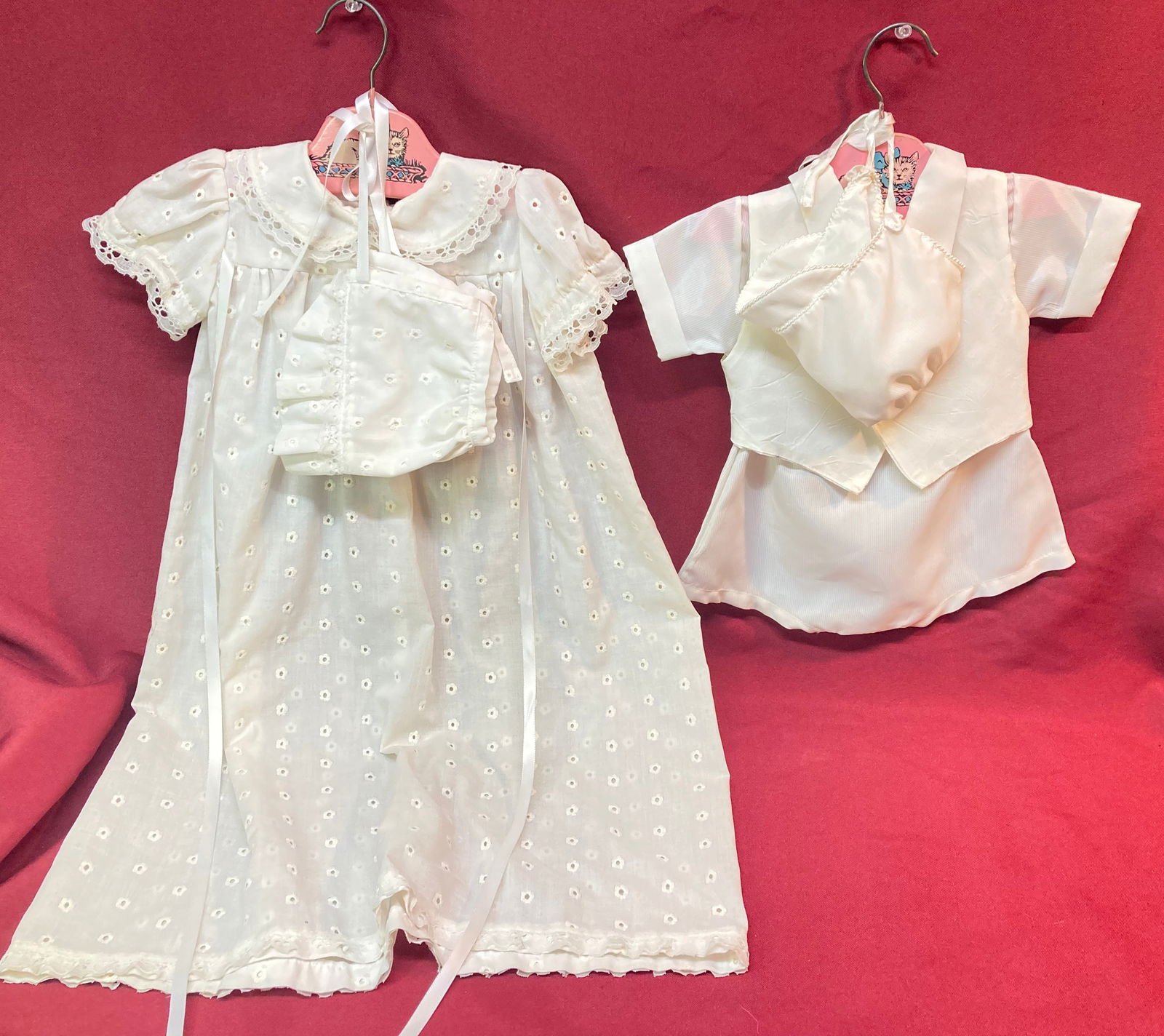 Two Vintage Small Child's Baptismal Outfits with Wood Hangers: Two Vintage Small Child's Baptismal Outfits with Wood Hangers