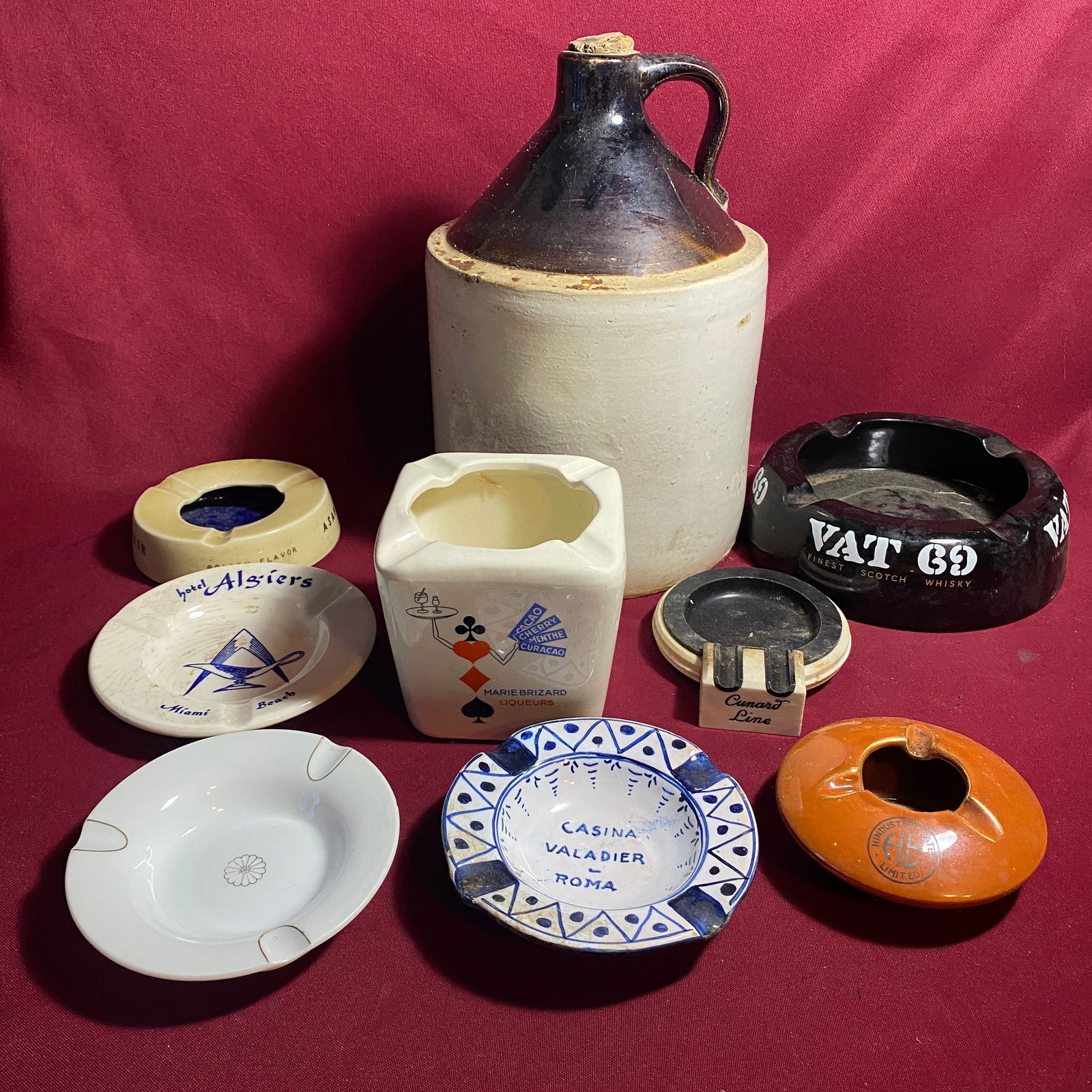 Stoneware Jug & Various Ashtrays - Some with Advertisement: Stoneware Jug & Various Ashtrays - Some with Advertisement