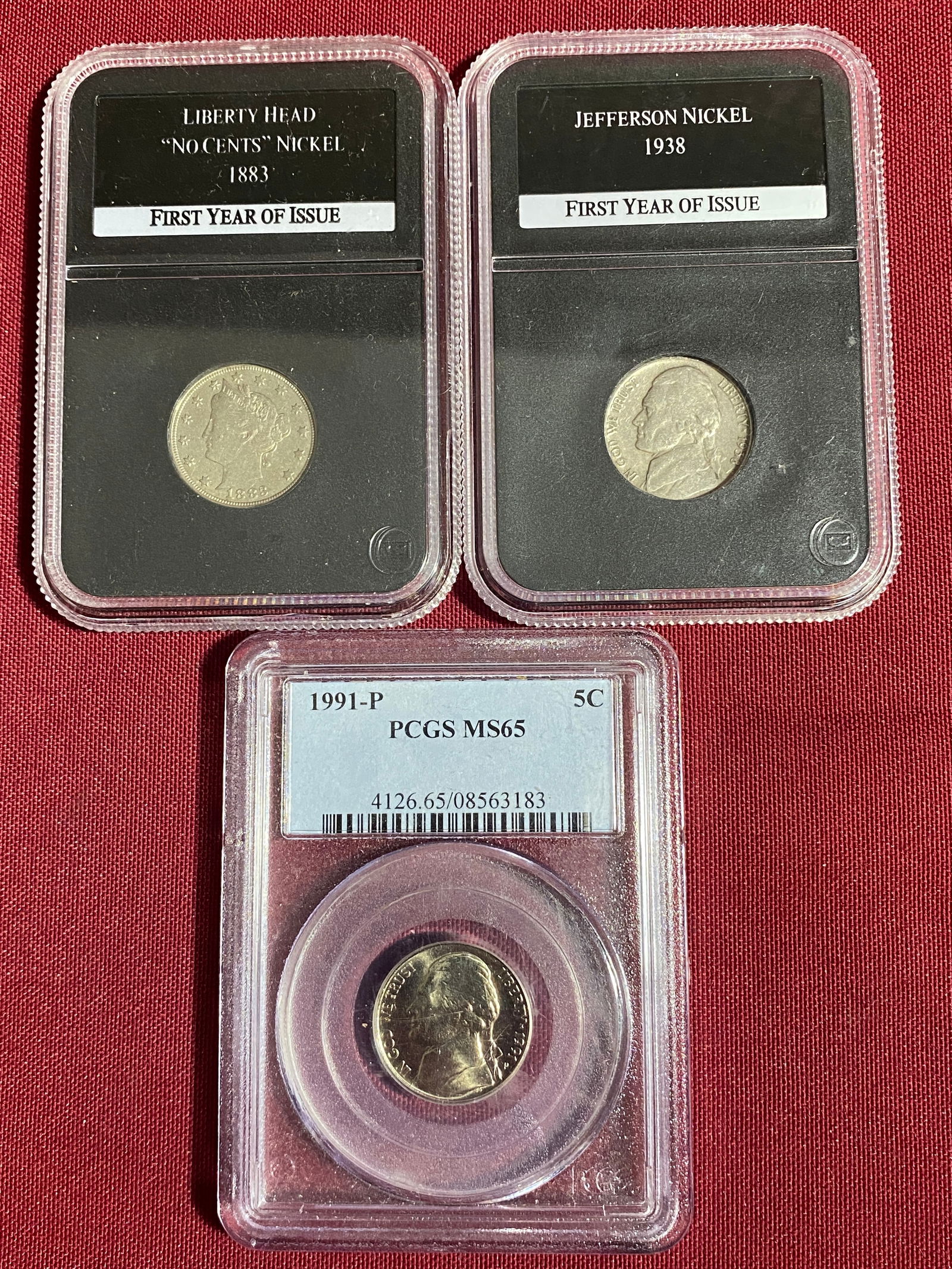 Three Nickels - 1883 Liberty Head 'No Cents' Nickel (First Year of Issue), 1938 Jefferson Nickel: Three Nickels - 1883 Liberty Head 'No Cents' Nickel (First Year of Issue), 1938 Jefferson Nickel (First Year of Issue), Graded 1991-P Jefferson Nickel - MS65 by PCGS