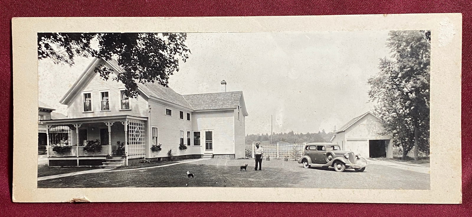 Early Longer Photograph of a House, Car, and Man with Dog: Early Longer Photograph of a House, Car, and Man with Dog