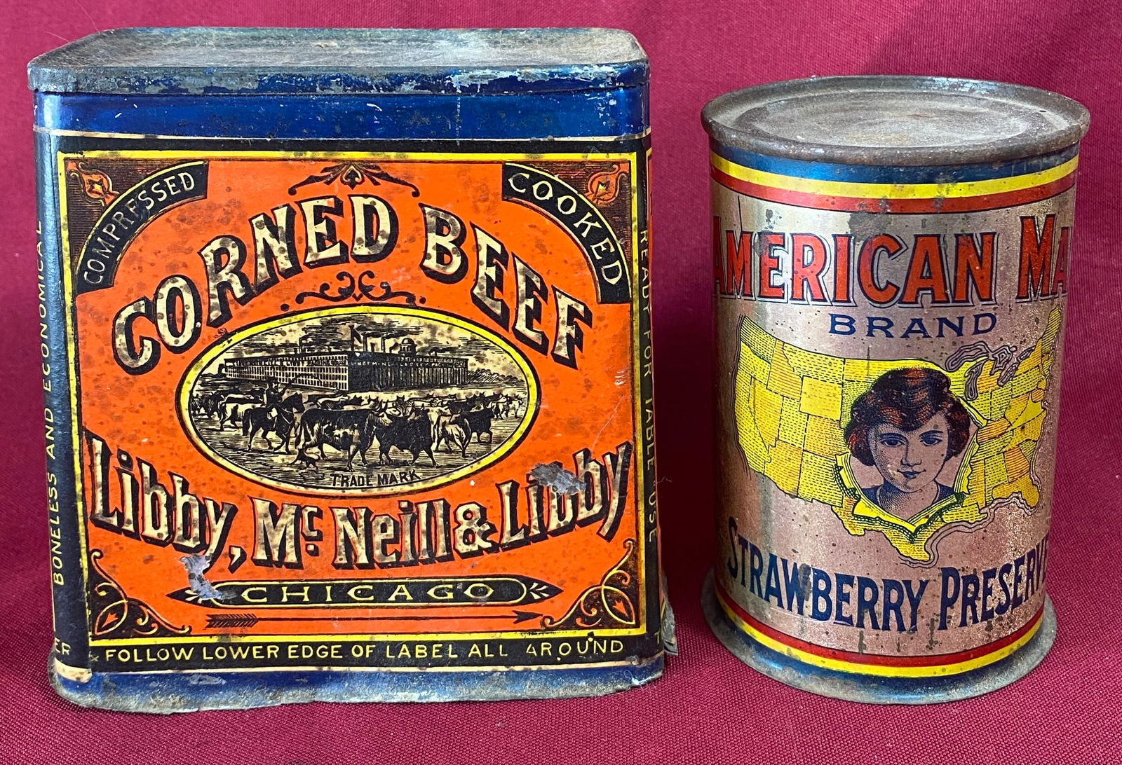 Two Old Advertising Tins - Libby, McNeill, & Libby Corn Beef and American Maid Strawberry Preserves (1 of 7)