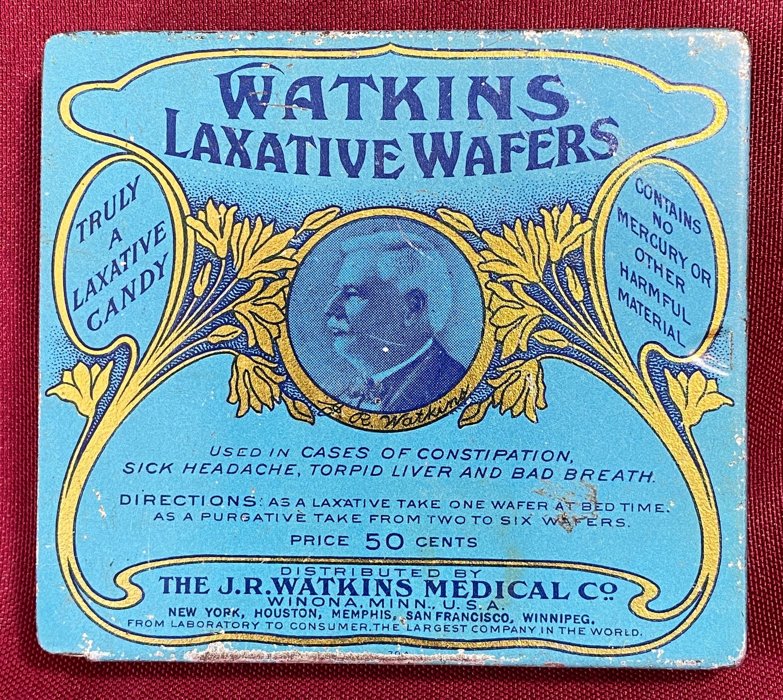 Watkins Laxative Wafers Advertising Tin: Watkins Laxative Wafers Advertising Tin