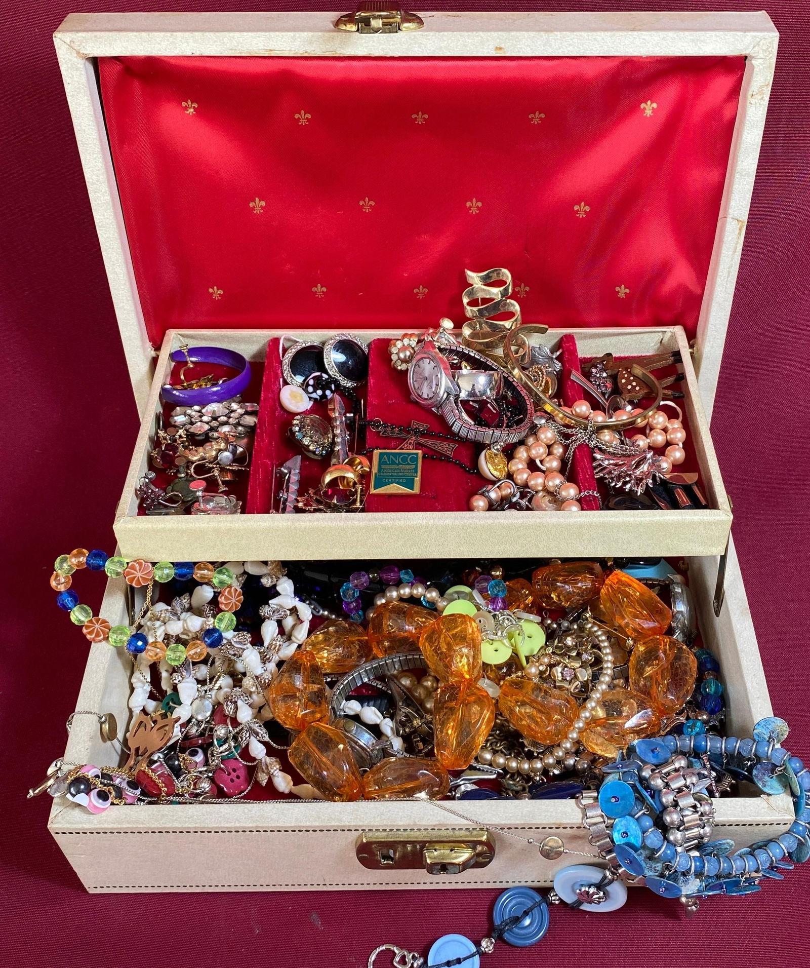 Vintage Jewelry Box with Older Costume Jewelry - Bracelets, Screw Back & Pierced Earrings, Pins, (1 of 6)
