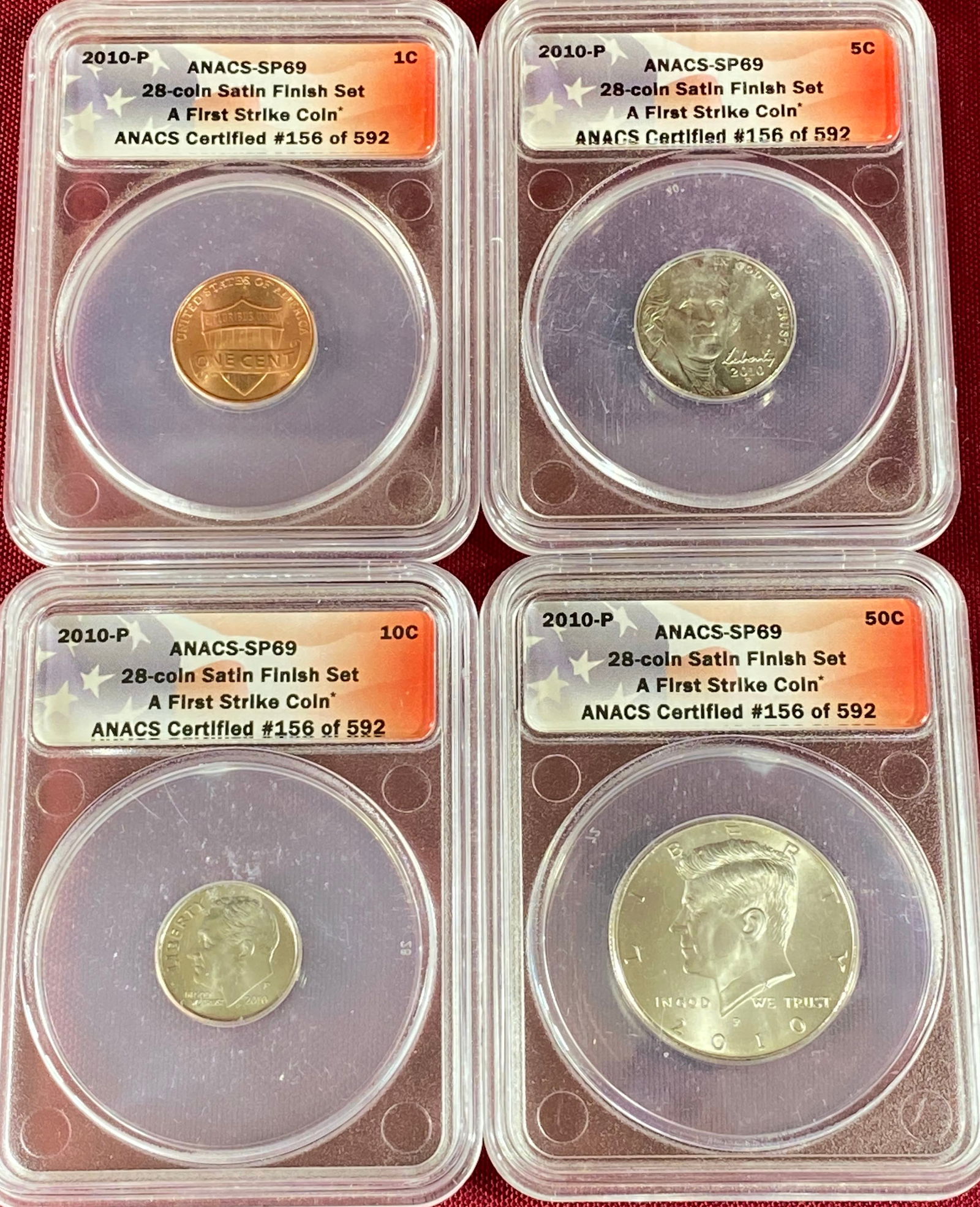 Four Graded Coins - Part of 28-Coin Satin Finish Set - 2010-P SP69 by ANACS First Strike Coin (1 of 3)