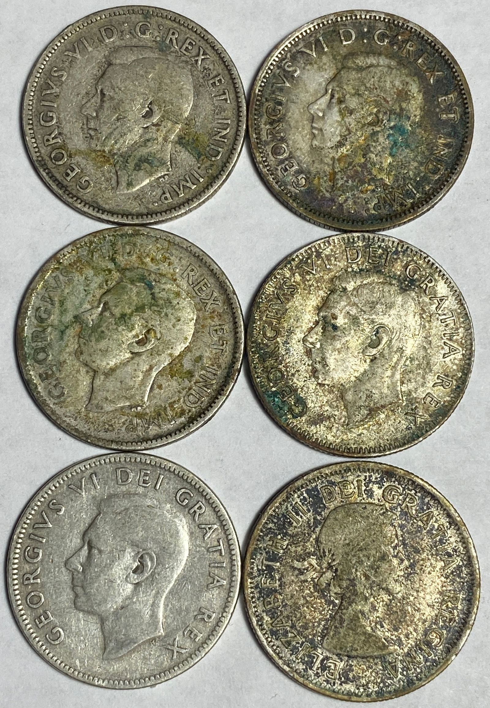 Six Silver Canadian Quarters - (2) 1940, 1943, (2) 1949, 1955 (1 of 3)