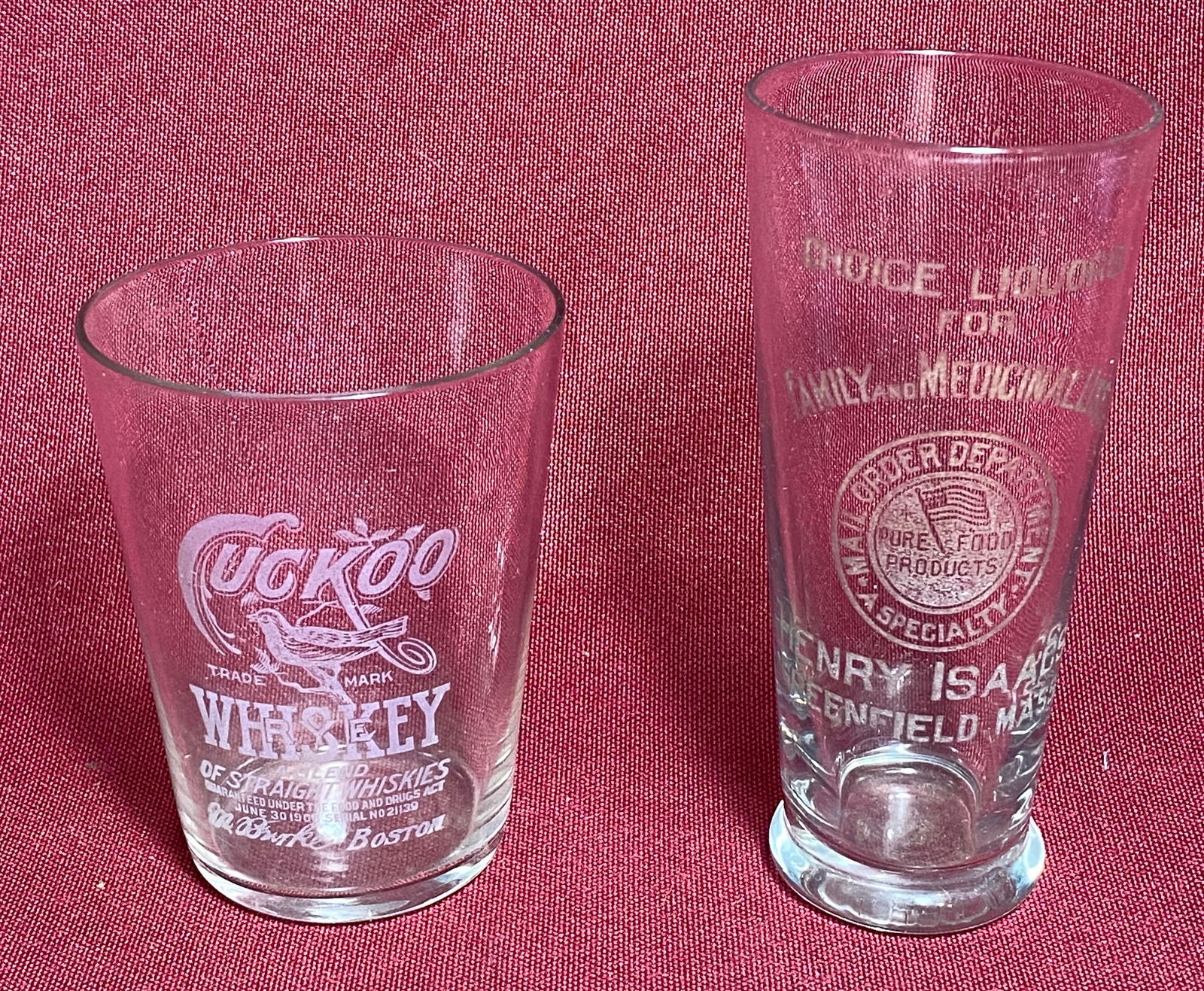 Two Early Shot Glasses Cuckoo Whiskey Boston, MA & Henry Isaacs Greenfield, Mass: Two Early Shot Glasses Cuckoo Whiskey Boston, MA & Henry Isaacs Greenfield, Mass