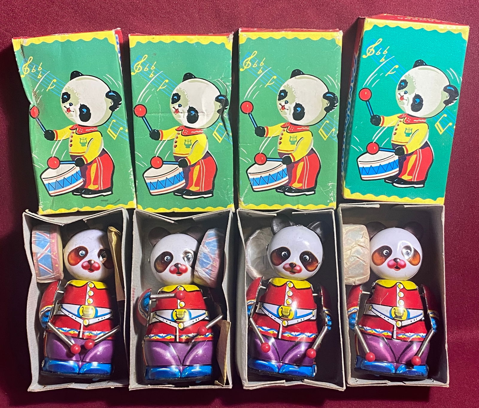 Four Older Vintage Wind-Up Tin Toy Panda Drummers in Original Boxes - Two Without Keys: Four Older Vintage Wind-Up Tin Toy Panda Drummers in Original Boxes - Two Without Keys
