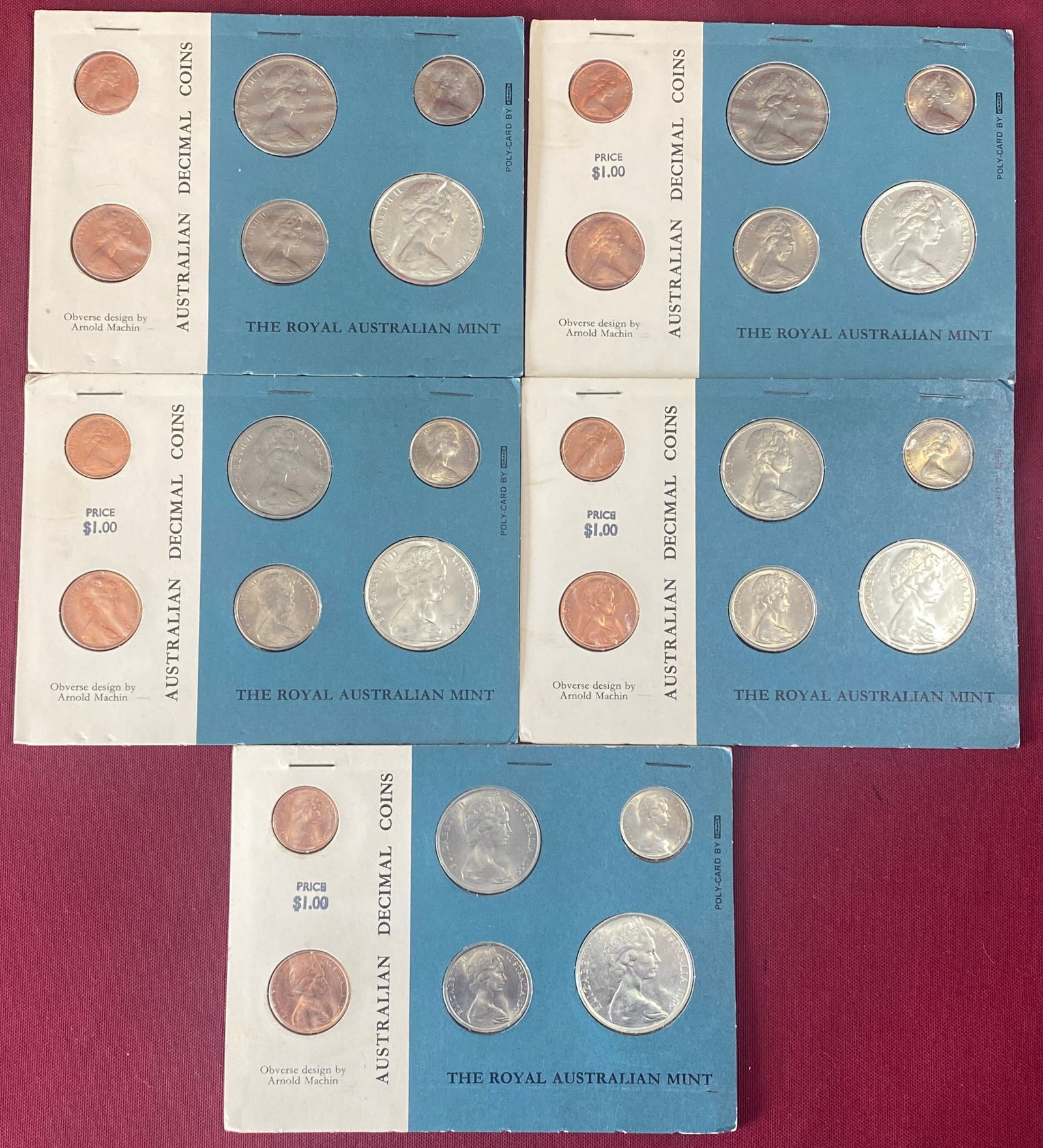 Five 1966 Australian Decimal Coin Sets - Includes (1) 80% Silver 50 Cent Coin Per Set - .3416 Ounce: Five 1966 Australian Decimal Coin Sets - Includes (1) 80% Silver 50 Cent Coin Per Set - .3416 Ounce Each - Total 1.71 Ounces