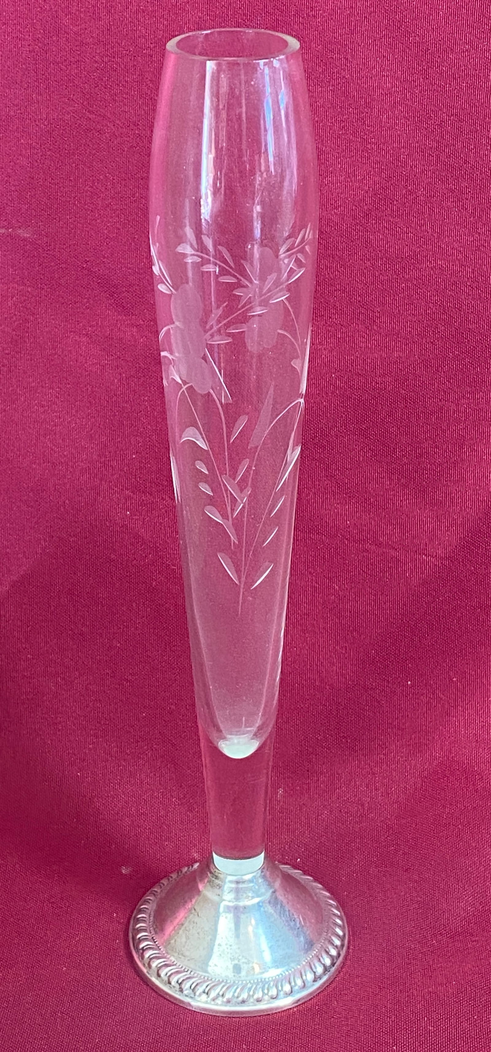 Vintage Etched Glass Bud Vase with Weighted Sterling Silver Vase (1 of 5)