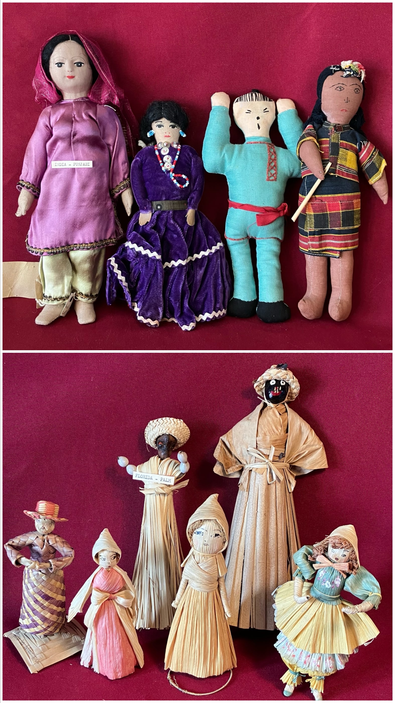Various Ethnic and Other Dolls - (4 Cloth Dolls) Punjab Indian Woman, Navajo Woman in Purple Dress,: Various Ethnic and Other Dolls - (4 Cloth Dolls) Punjab Indian Woman, Navajo Woman in Purple Dress, Chinese Man with Angry Expression, and Brown Doll, Six Cornhusk, Palm, Etc. Dolls - Mexican, West In