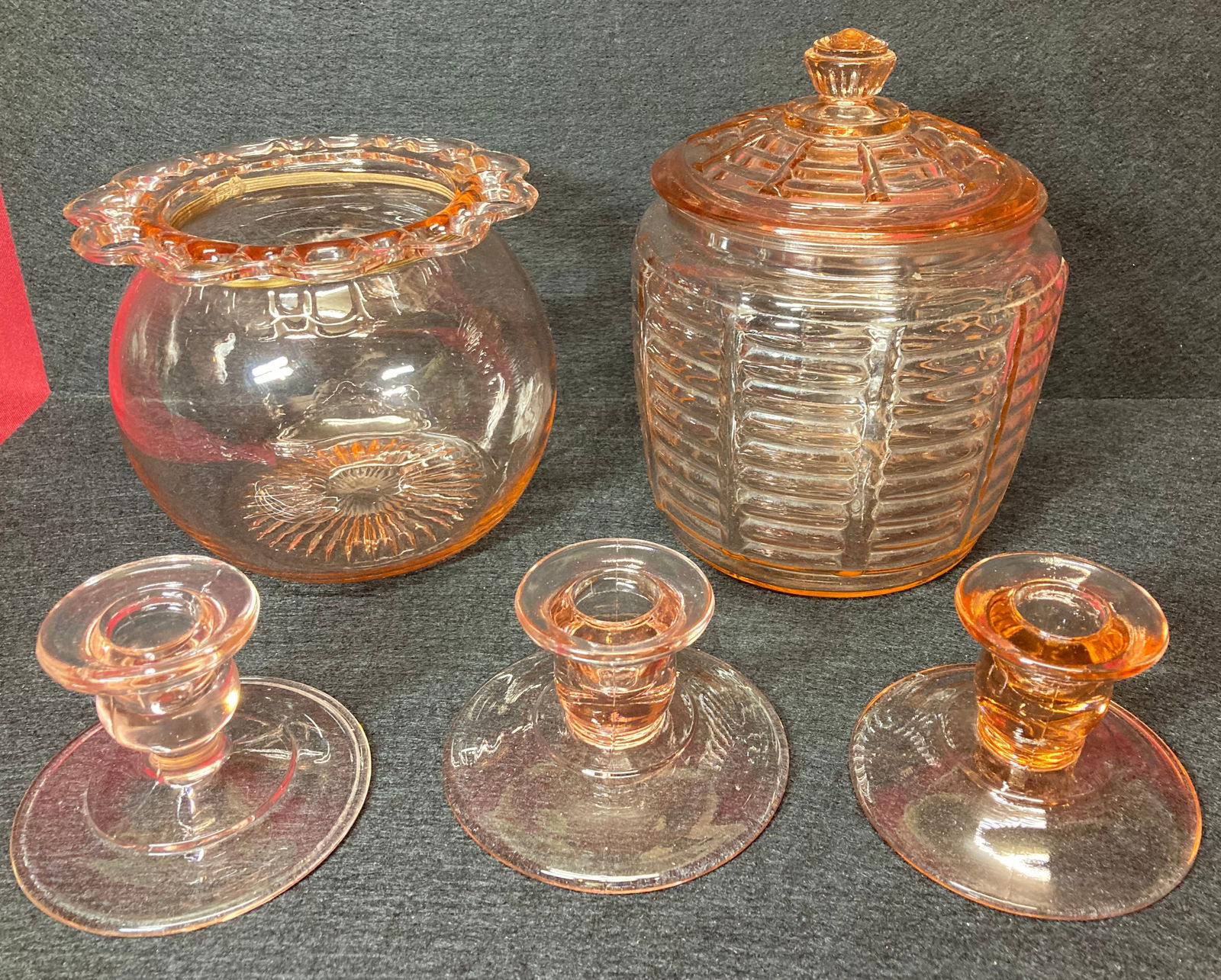 Five Pieces of Pink Depression Glass - Vase, Cookie Jar, Three Candlesticks - Absolutely No Shipping (1 of 4)