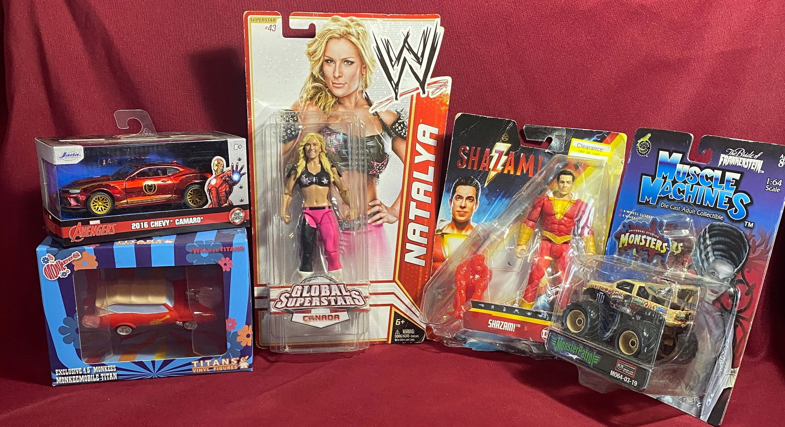 Five Action Figures & Toy Cars - Wrestling, Monkees, Munsters, Patrol Avengers, and Shazam: Five Action Figures & Toy Cars - Wrestling, Monkees, Munsters, Patrol Avengers, and Shazam