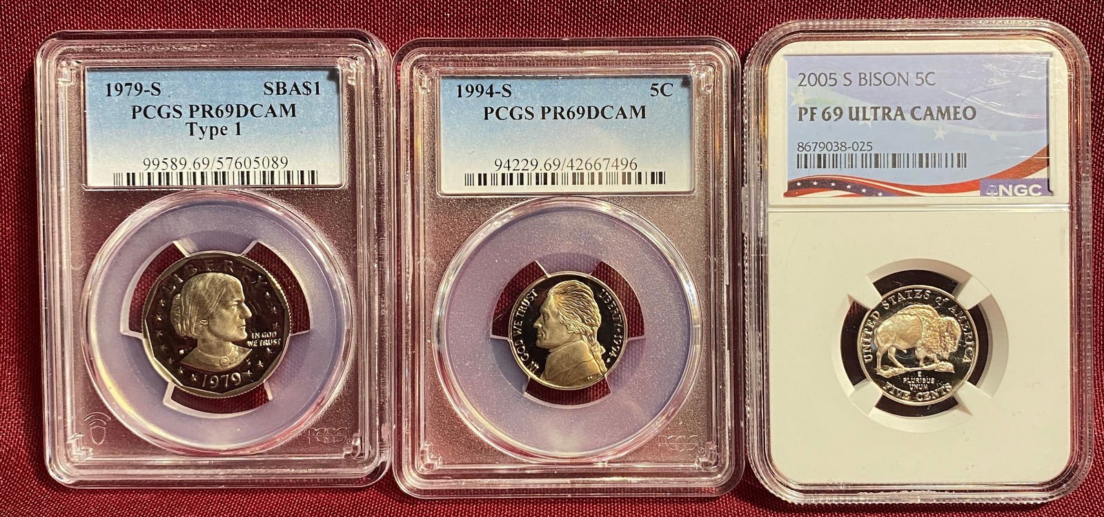 Three Graded Coins - 1979-S Type 1 Susan B Anthony, 1994-S Jefferson Nickel, 2005-S Bison Nickel (1 of 10)