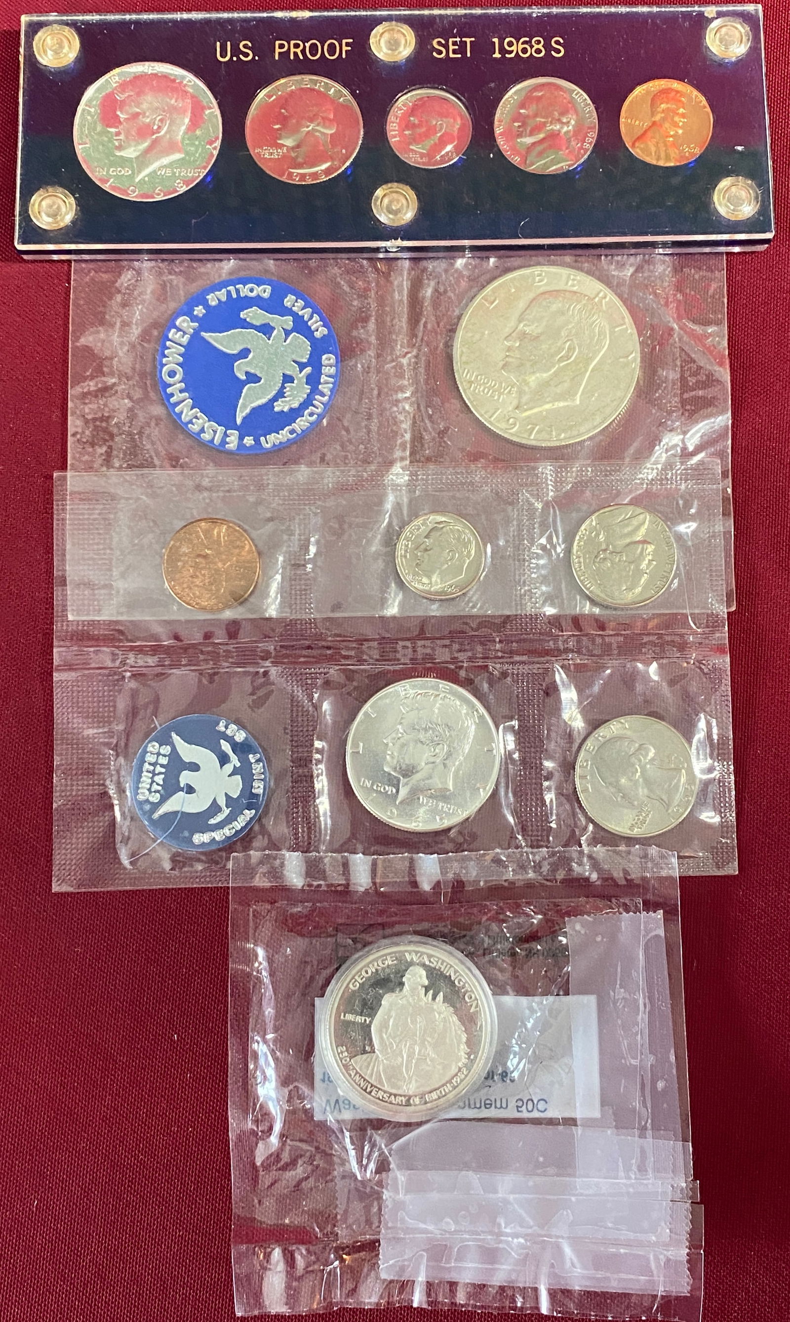 Assorted U.S. 40% Silver, Etc. Coins - 1965 & 1968-S Kennedy, 1971 Eisenhower, 1982-S Washington (1 of 4)