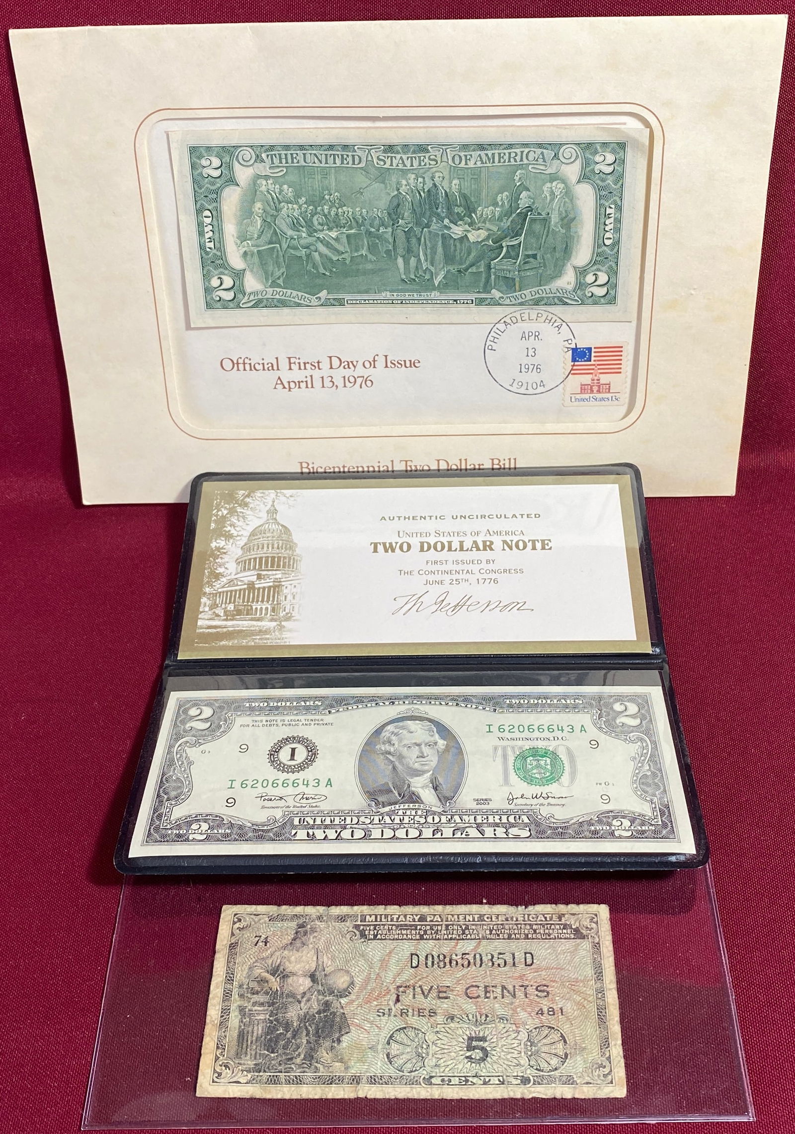 Assorted Currency - (2) $2 Notes & Fifty Cent Fractional Currency 'Military Payment Certificate' (1 of 5)