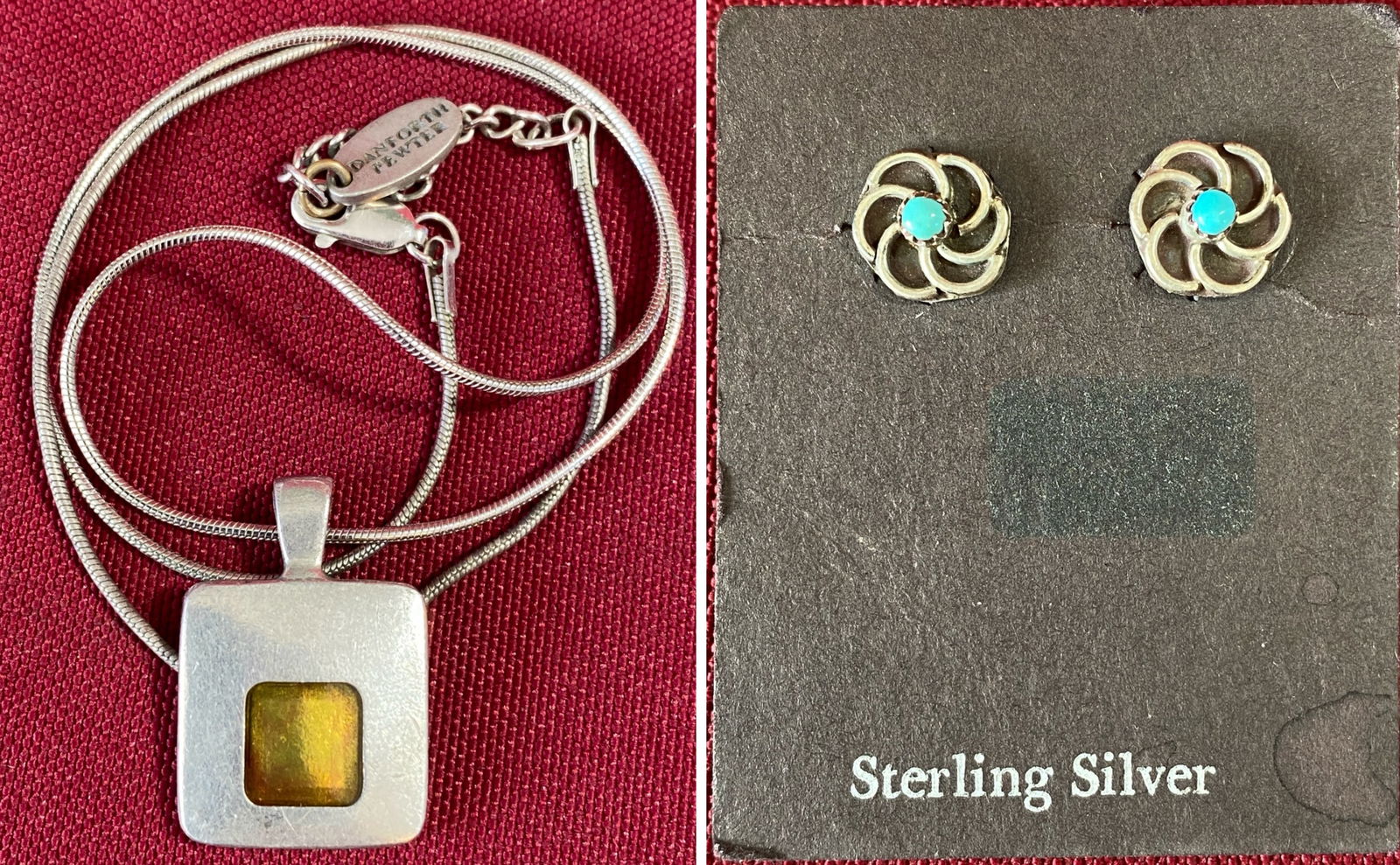 Assorted Jewelry - Danforth Pewter Stability Necklace with Pewter Pendant on Sterling Silver Chain &: Assorted Jewelry - Danforth Pewter Stability Necklace with Pewter Pendant on Sterling Silver Chain & Pair of Sterling Ornate Flower Shaped Stud Earrings