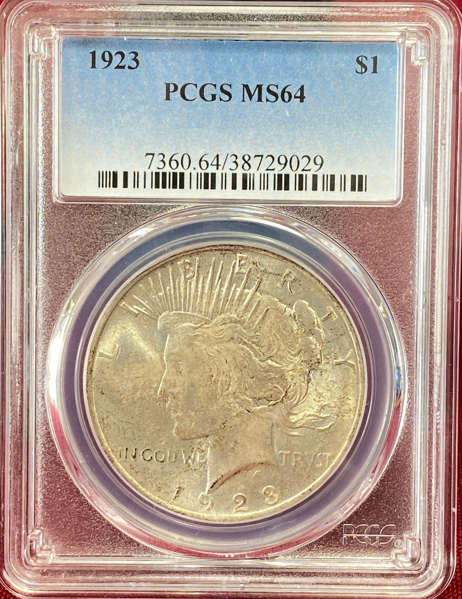 Graded 1923 Peace Silver Dollar - MS64 by PCGS (1 of 3)