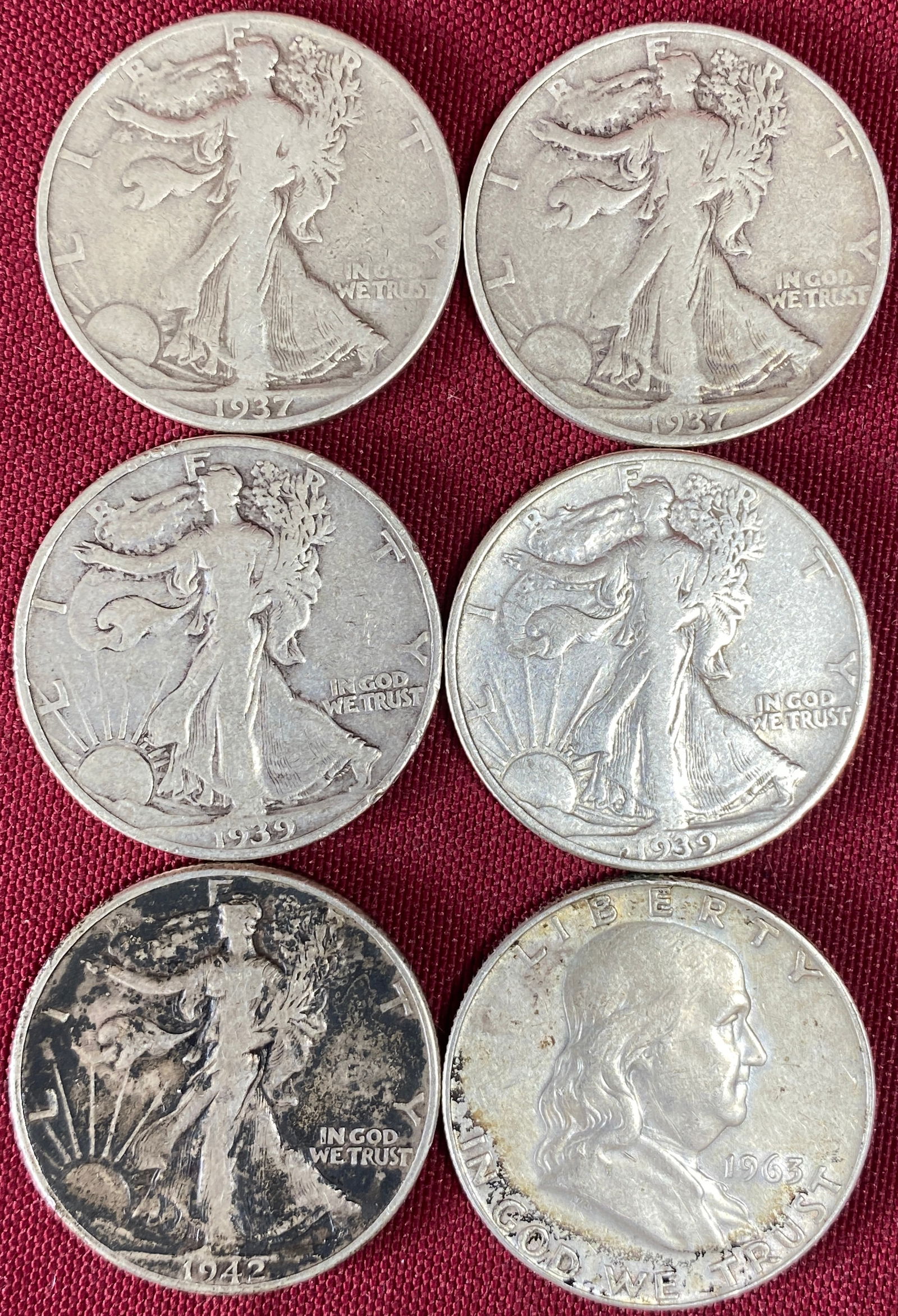 Six Silver Half Dollars - (5) Walking Liberty - 1937-S, 1937-D, 1939, 1939-S, 1942 & (1) 1963 (1 of 5)
