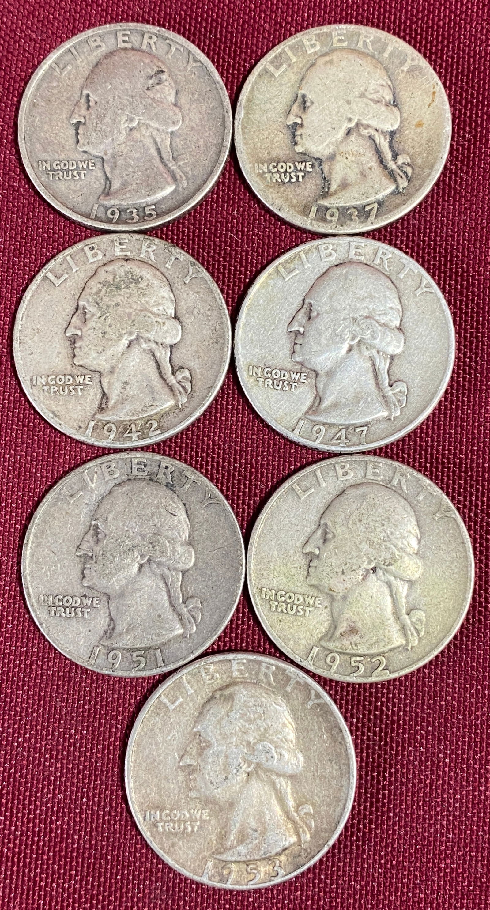 Seven Washington Silver Quarters - 1935, 1937, 1942, 1947, 1951-D, 1952-D, 1953 (1 of 6)