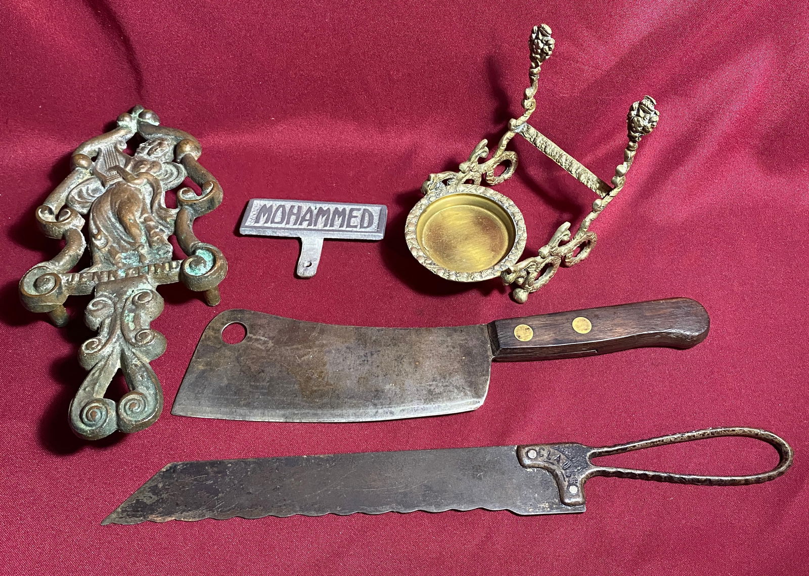 Older Kitchen Items - Jenny Lind Flatiron Brass Trivet, Teacup Display Holder - Clauss Bread Knife,: Older Kitchen Items - Jenny Lind Flatiron Brass Trivet, Teacup Display Holder - Clauss Bread Knife, Clever, Etc.