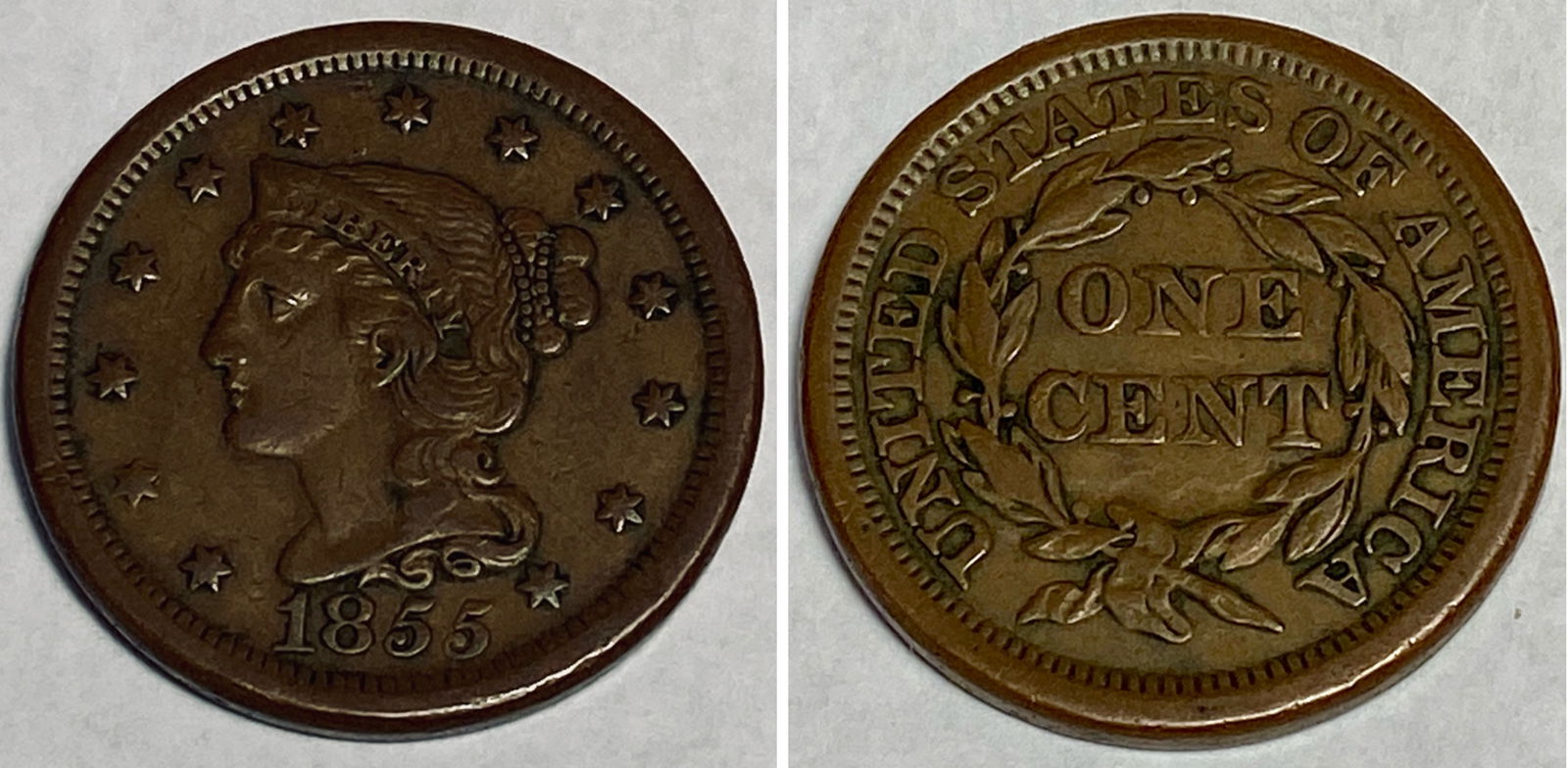 1855 Braided Hair Large Cent - Slanting 5's: 1855 Braided Hair Large Cent - Slanting 5's