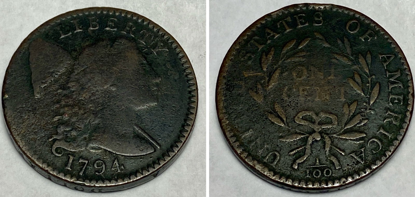 Rare 1794 Liberty Cap Large Cent - Lettered Edge - Second Year U.S. Coin Mintage - Good Condition (1 of 6)