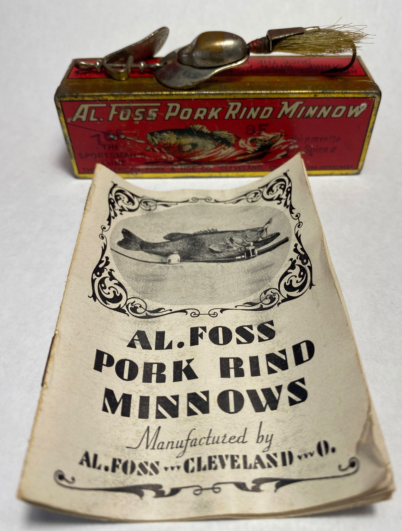 AL. Foss Rare Red Lure Metal Box and AL Foss Shimmy No.5 Lure and Pamphlet: AL. Foss Rare Red Lure Metal Box and AL Foss Shimmy No.5 Lure and Pamphlet