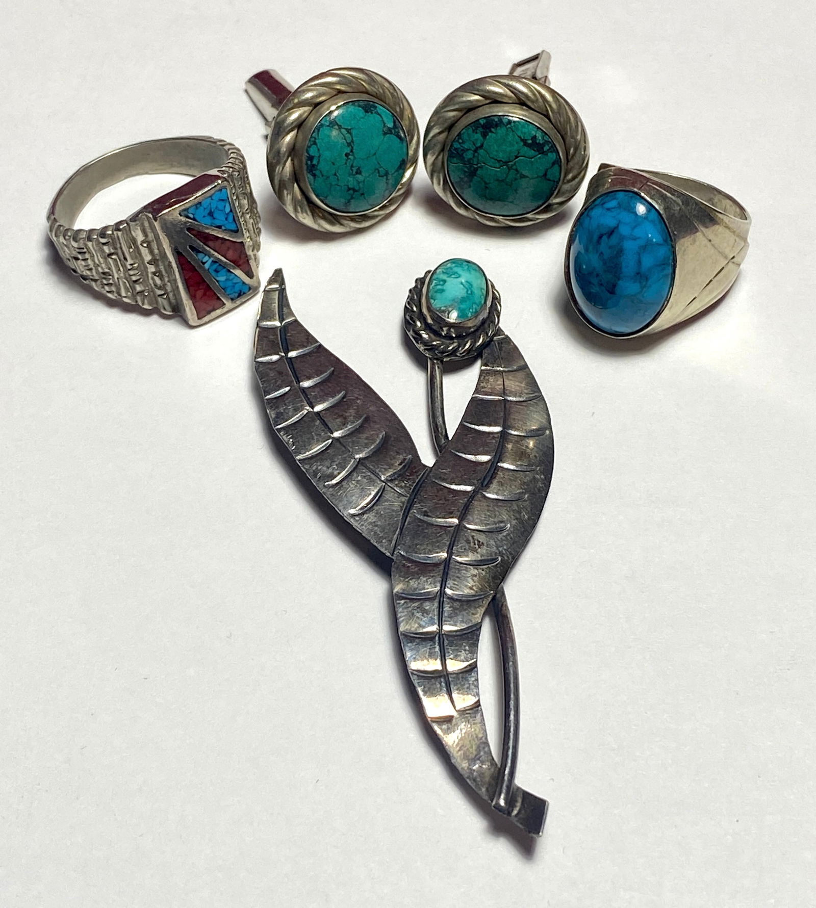 Assorted Southwestern Style Jewelry - Brooch, Rings, Cufflinks - Turquoise and Coral Stones (or (1 of 9)