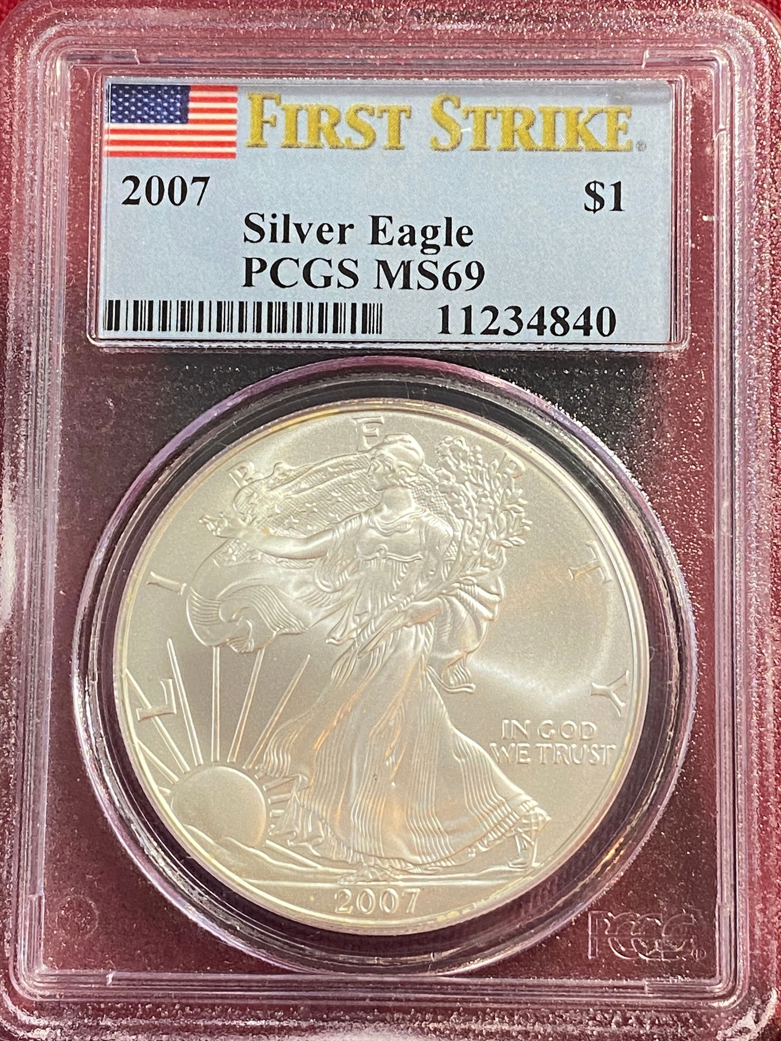 Graded 2007 One Ounce .999 Fine Silver Eagle - MS69 by PCGS (1 of 3)