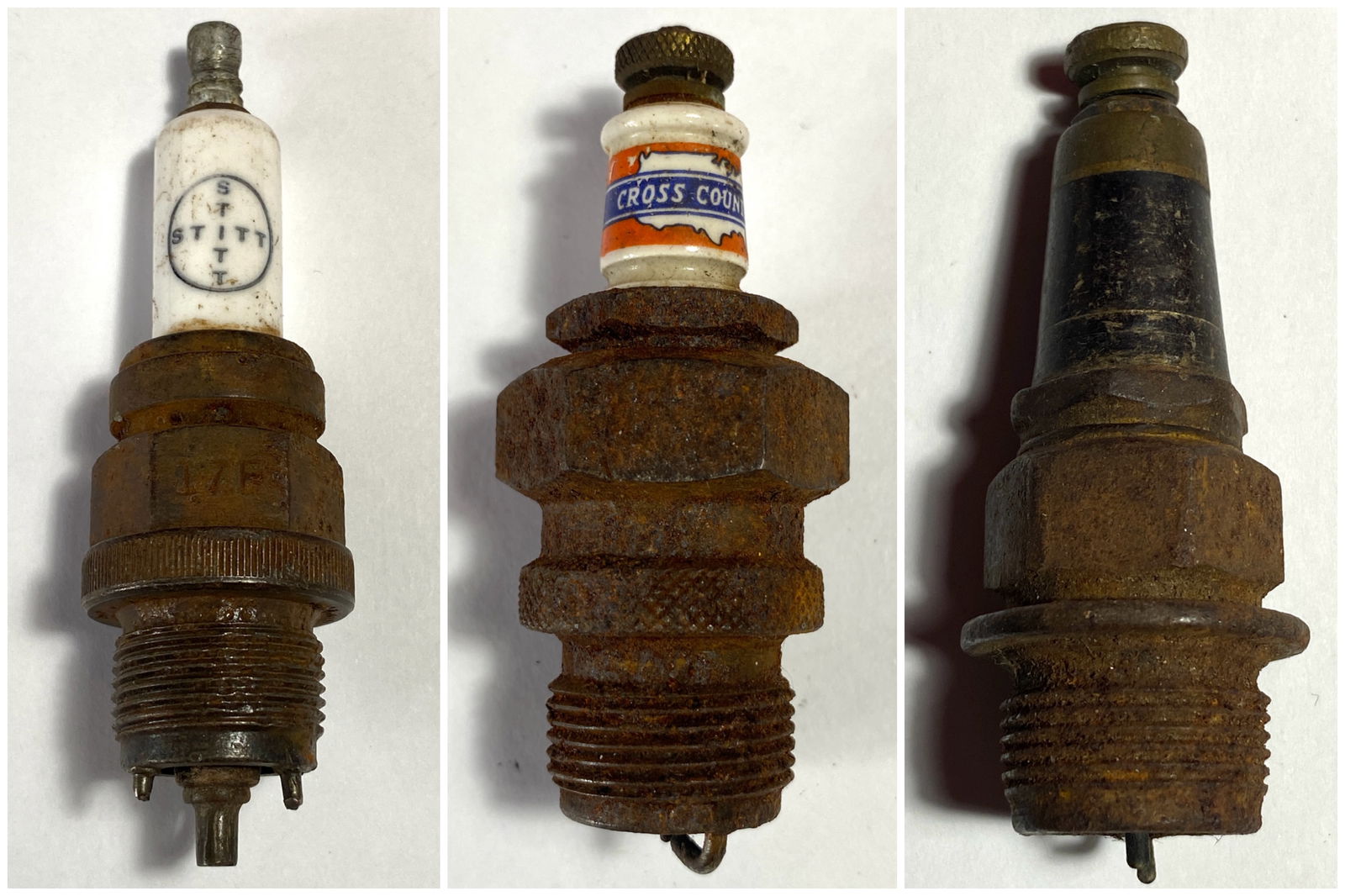 Three Antique Spark Plugs - Unmarked Hit or Miss Spark Plug, STITT Spark Plug #17E, Cross Country (1 of 8)