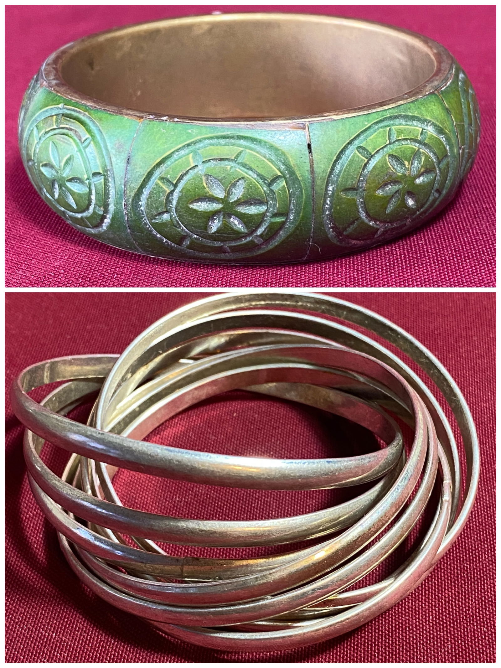 Assorted Bracelets - Vintage Green Bone & Brass Bangle with Inlaid Design and Set of Nine (1 of 6)