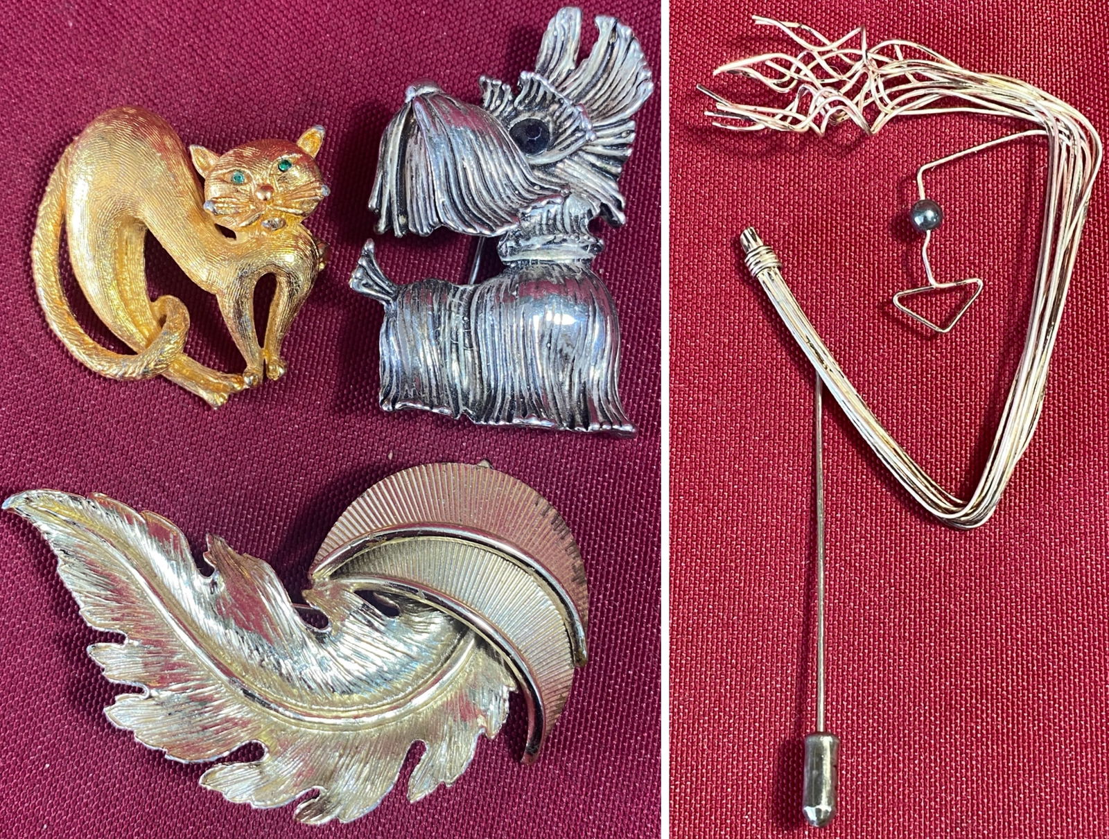Four Vintage Brooches & Stick Pin - Cat, Scottie Dog, Ornate Leaf: Four Vintage Brooches & Stick Pin - Cat, Scottie Dog, Ornate Leaf