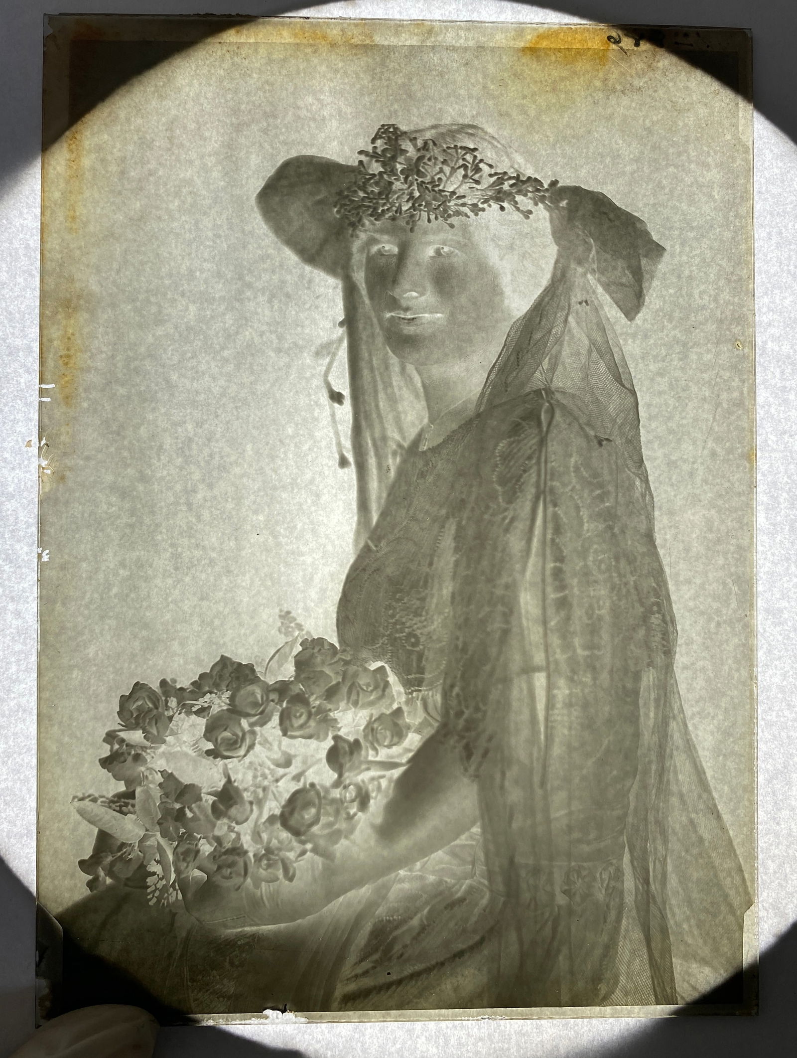 Older Glass Negative of Woman in Wedding Dress with Roses: Older Glass Negative of Woman in Wedding Dress with Roses