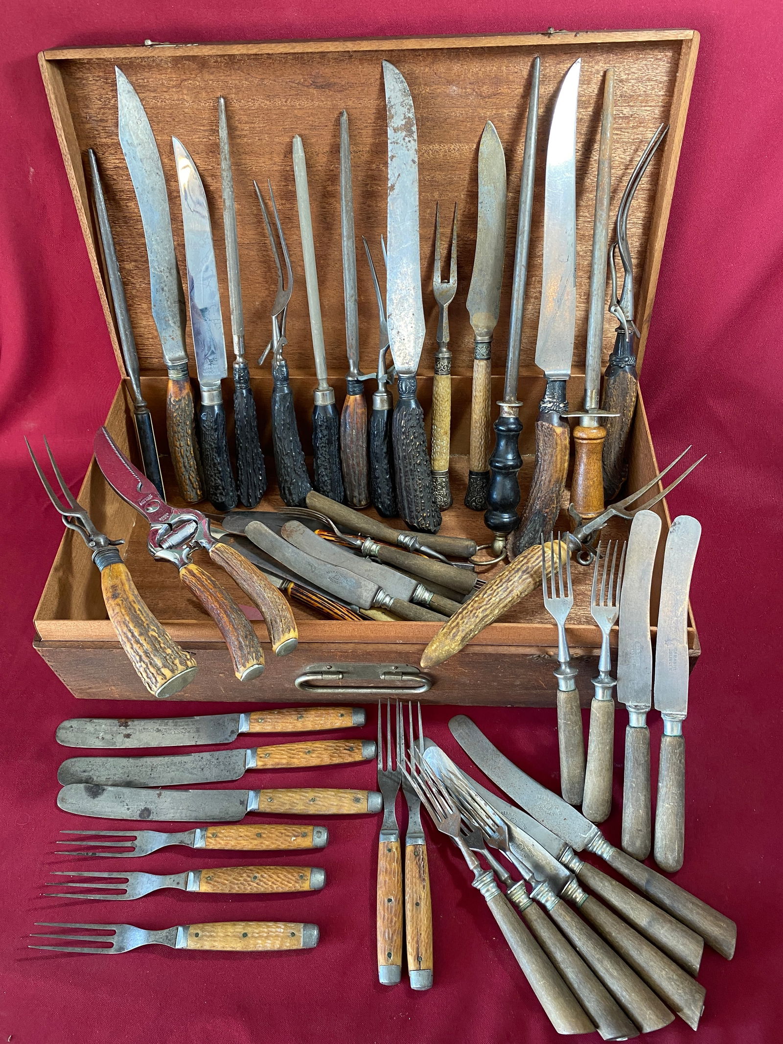 Box Full of Old Knives, Forks, Knives Sharpeners, Etc. - Case XX, Boker, Herm Kone Jung, Harrison & (1 of 10)