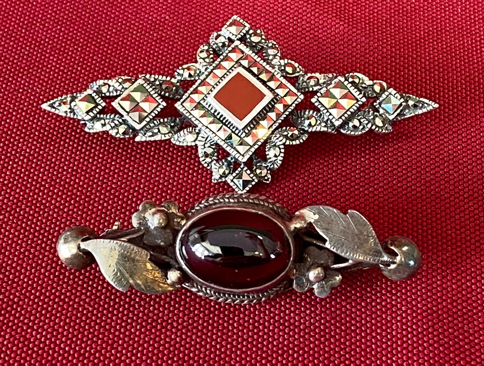 Two Sterling Silver Brooches - Marcasite and Black Onyx(?) - 13.23 Grams: Two Sterling Silver Brooches - Marcasite and Black Onyx(?) - 13.23 Grams