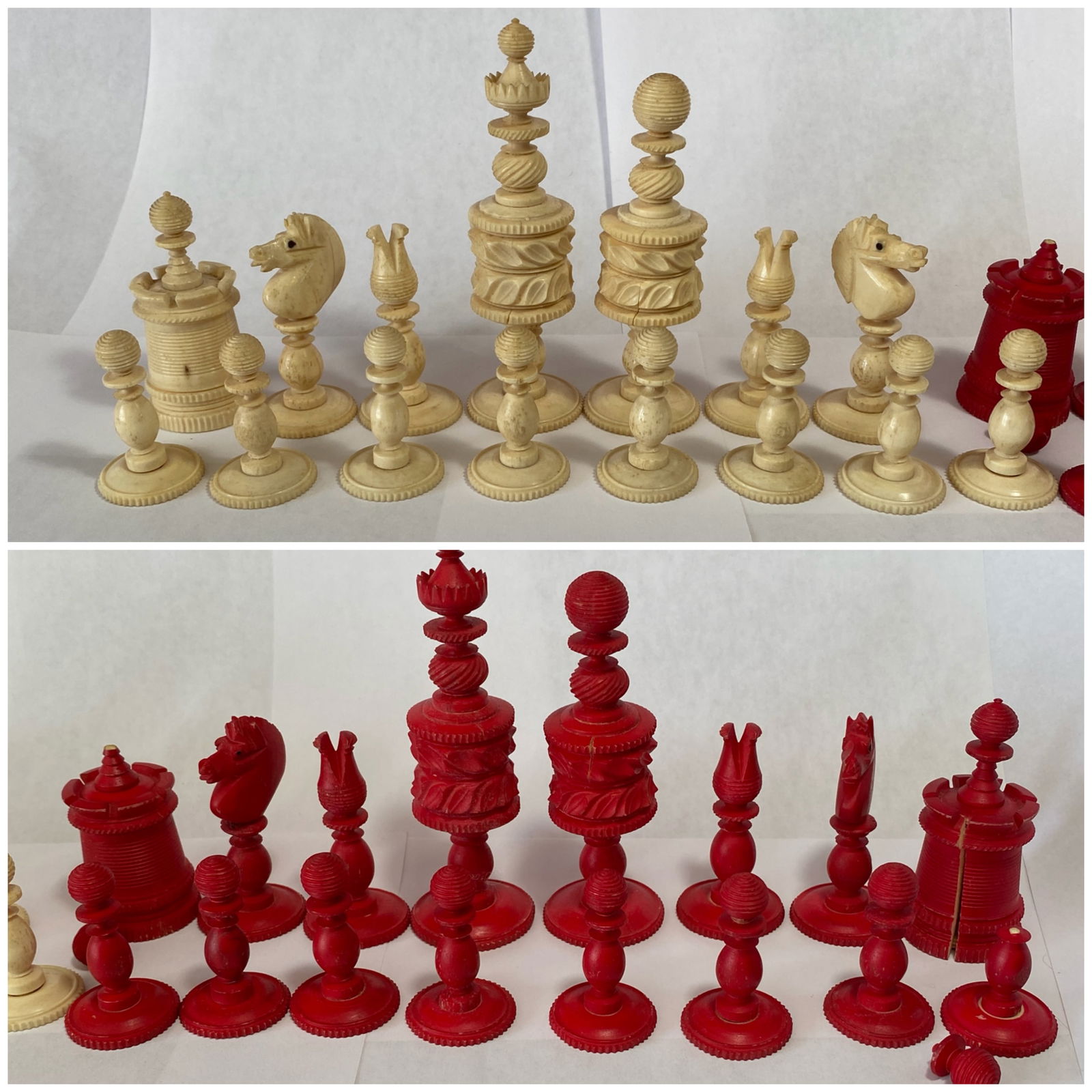 Older Barley Corn Hand-Carved Bone Chess Pieces - Some Pieces Missing and Some Damage - 31 Pieces (1 of 14)