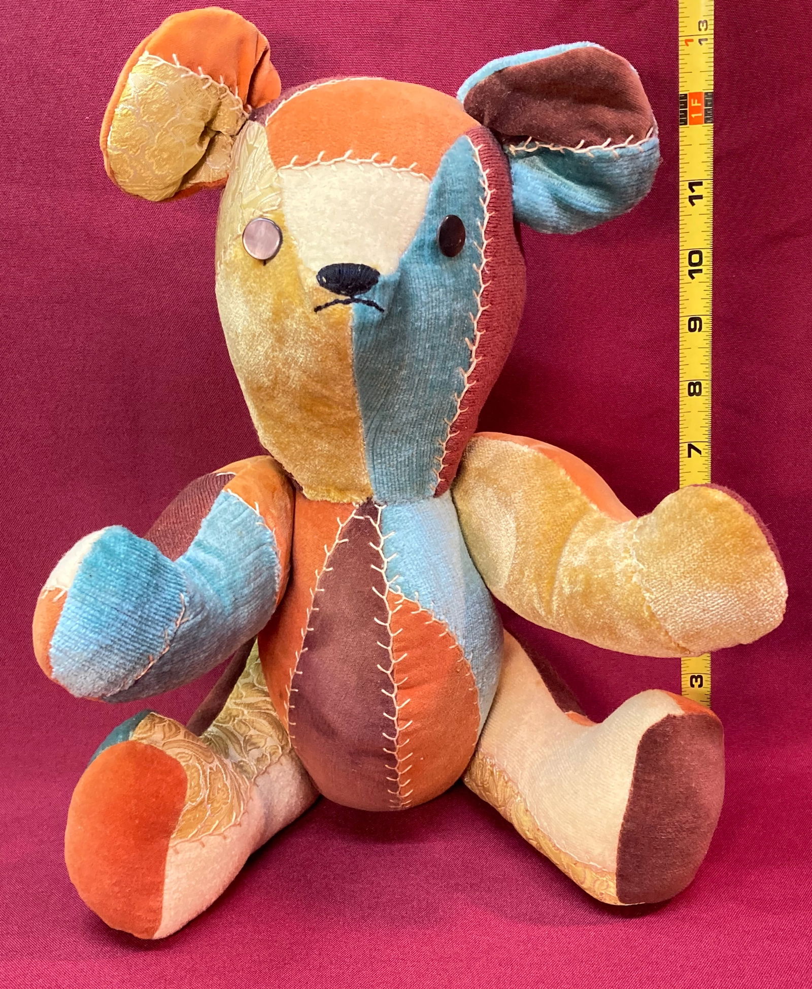 Vintage Patchwork Button-Eyed Teddy Bear with Moveable Arms & Legs (1 of 5)