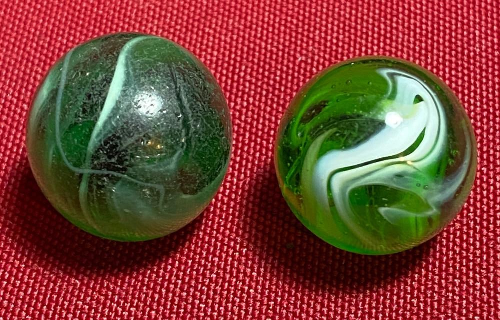 Two Green Swirl Glass Marbles - Akro, Etc.: Two Green Swirl Glass Marbles - Akro, Etc.