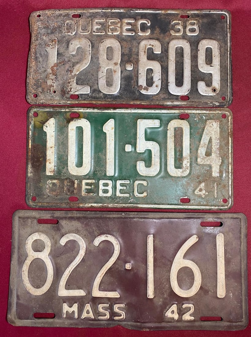 Three Older License Plates - Quebec 38, Quebec 41, MASS 42 (1 of 5)