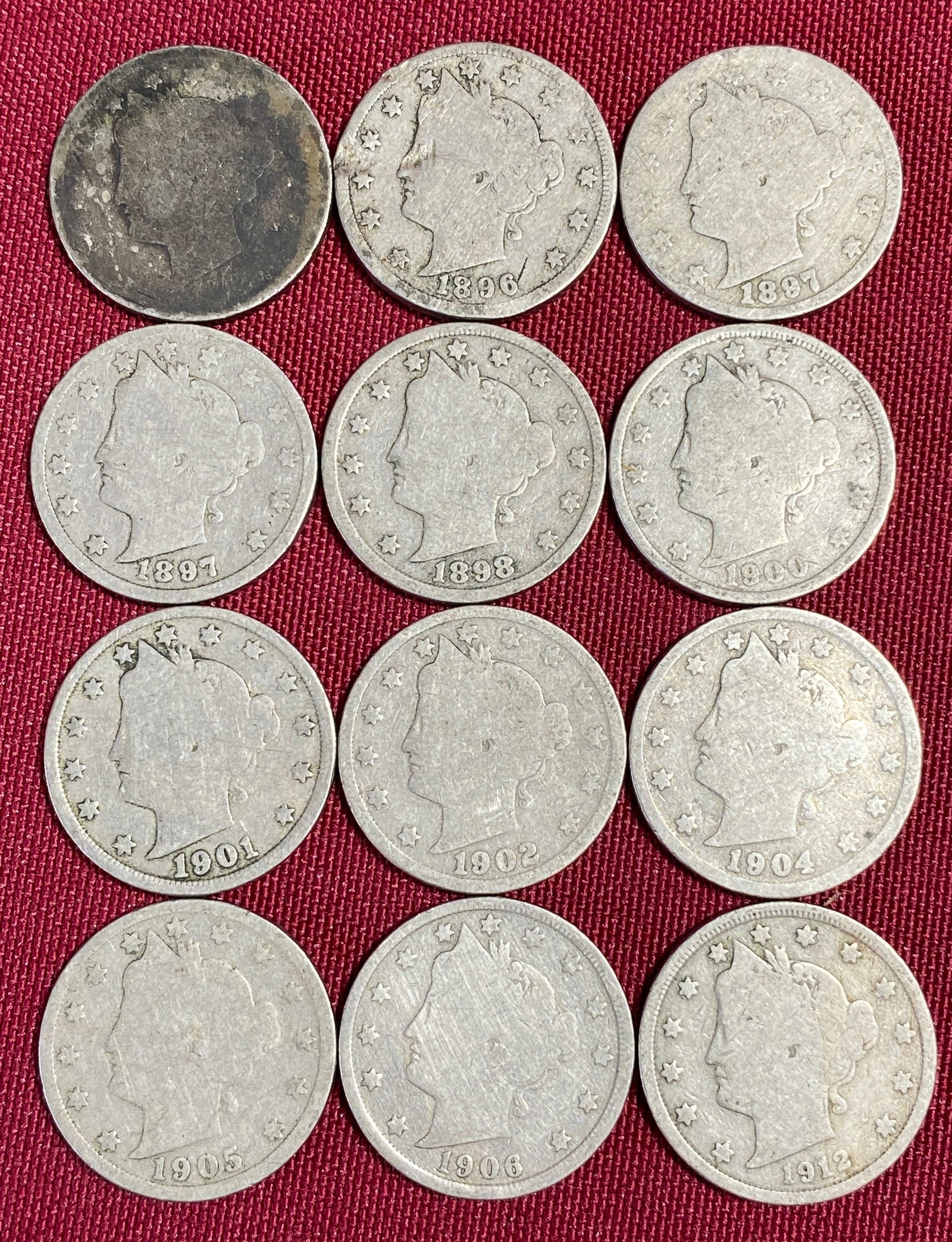 Twelve Liberty Head 'V' Nickels - Various years Between 1896-1912 (1 of 7)