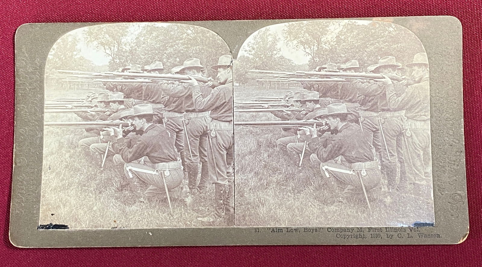 Company M. First Illinois Vol. 'Aim Low, Boys!' Stereoview - Copyright 1899 (1 of 5)
