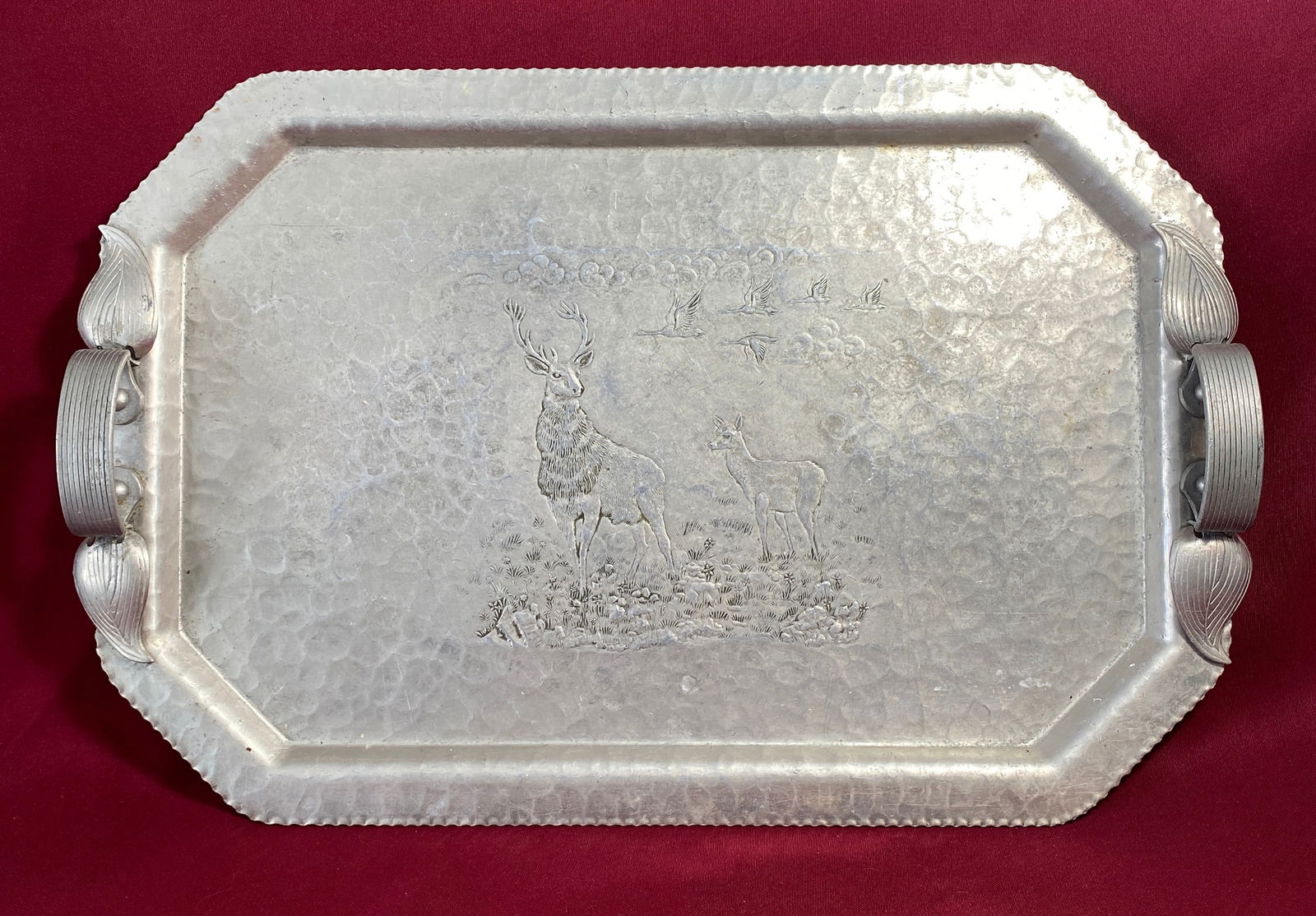 Continental Hand-Wrought Aluminum Serving Tray with Deer: Continental Hand-Wrought Aluminum Serving Tray with Deer