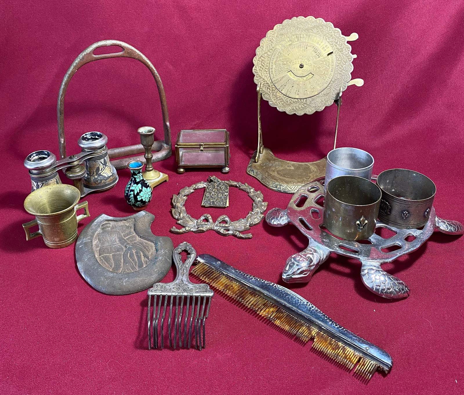 Lot of Miscellaneous Items - Metal Callender, Opera Glasses, Turtle Trivet, Napkin Rings, Etc.: Lot of Miscellaneous Items - Metal Callender, Opera Glasses, Turtle Trivet, Napkin Rings, Etc.