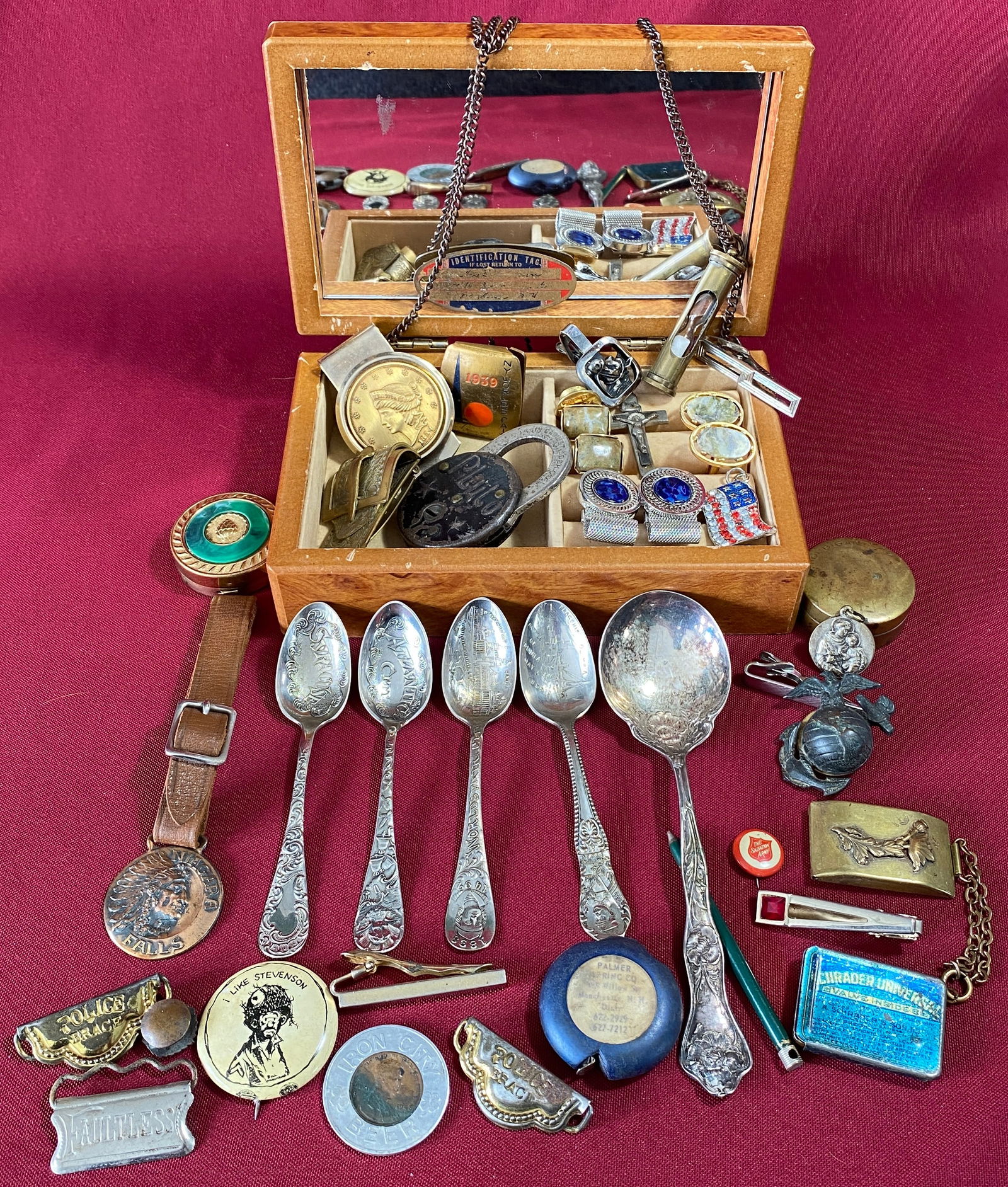 Assorted Men's Vanity and Other Items -Cufflinks, Money Clips, Souvenir Spoons, Etc.: Assorted Men's Vanity and Other Items -Cufflinks, Money Clips, Souvenir Spoons, Etc.