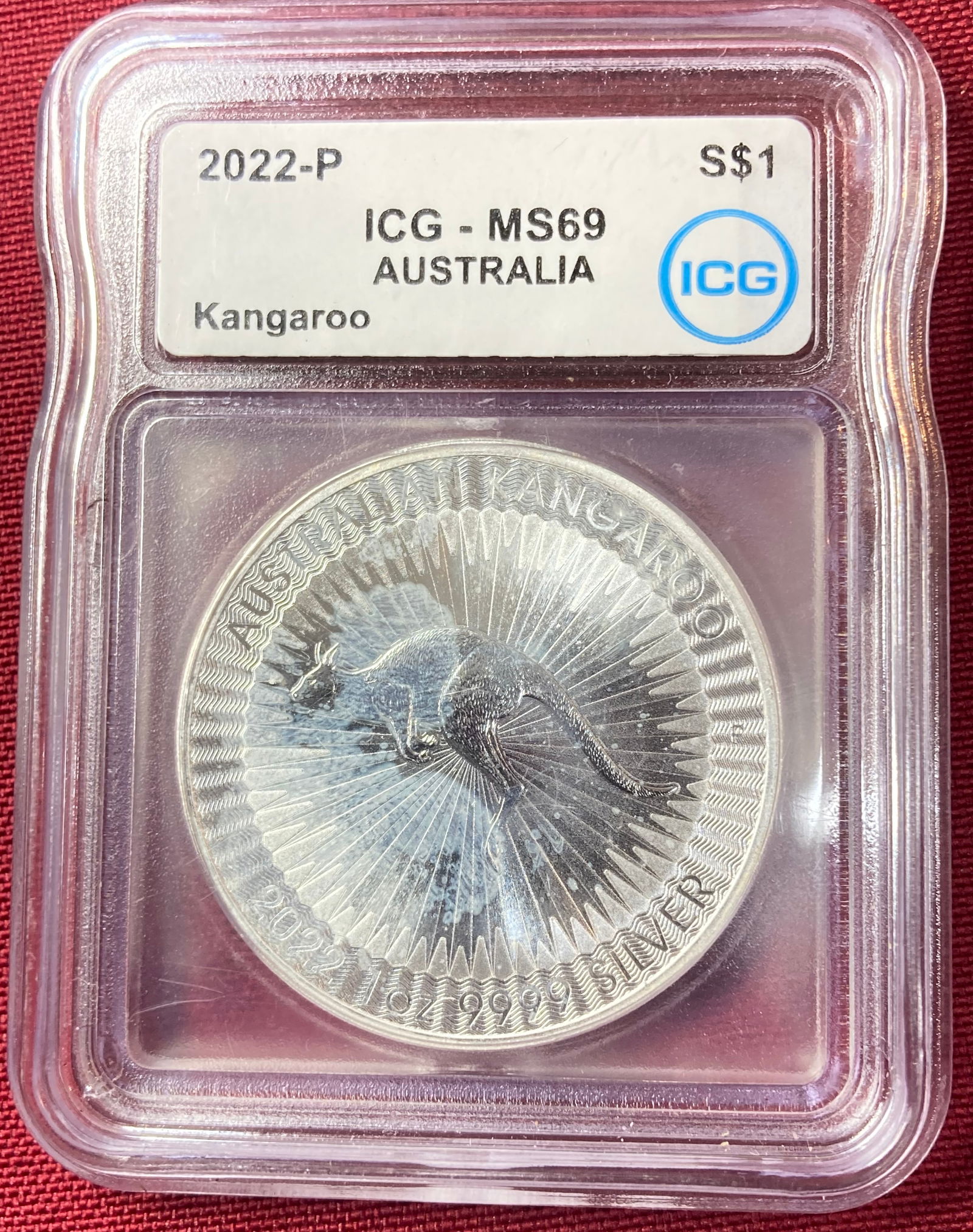 Graded 2022-P Australia One Ounce .999 Fine Silver Dollar - Kangaroo - MS69 by ICG: Graded 2022-P Australia One Ounce .999 Fine Silver Dollar - Kangaroo - MS69 by ICG