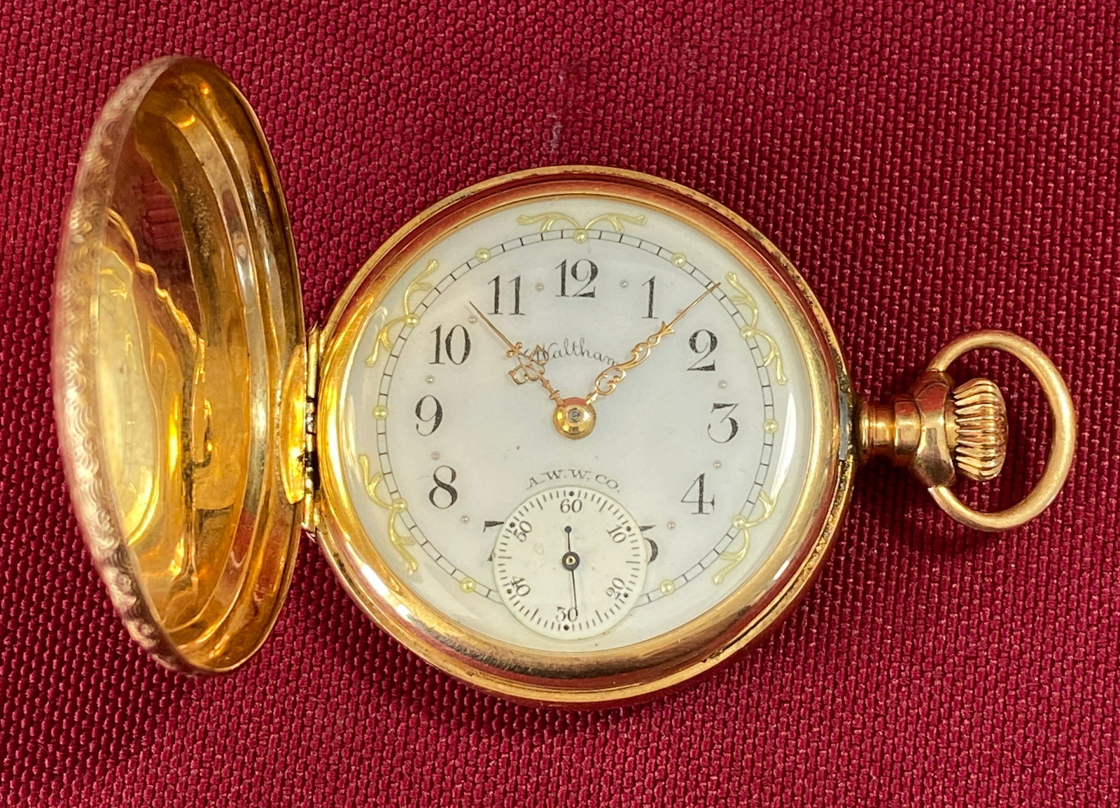Waltham 14K Gold 8 Day Porcelain Face Ladies Pocket Watch - #259342, #5753911 - in Roy Watch Case (1 of 10)